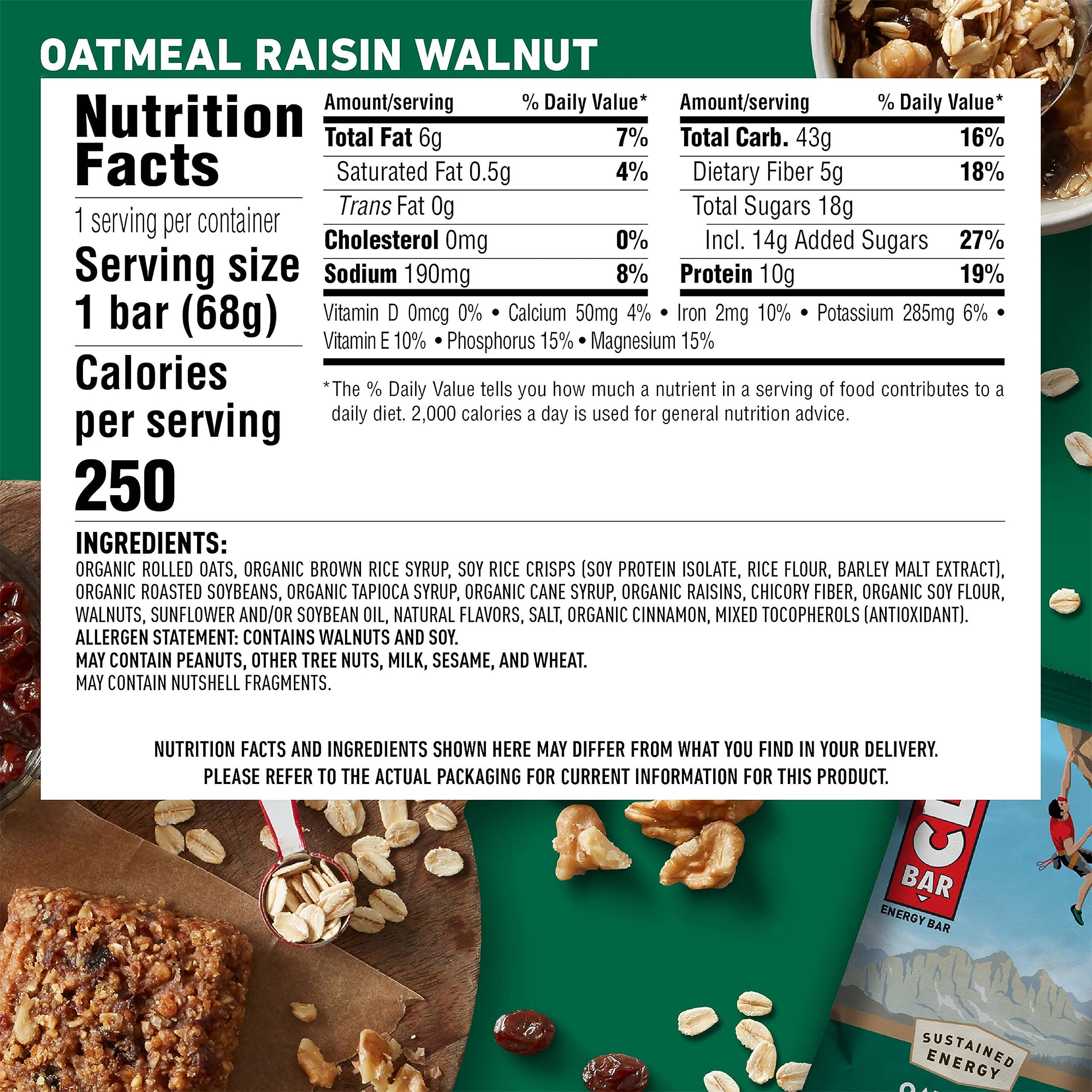 CLIF BAR - Oatmeal Raisin Walnut - Made with Organic Oats - Non-GMO - Plant Based - Energy Bars - 2.4 oz. (12 Pack)