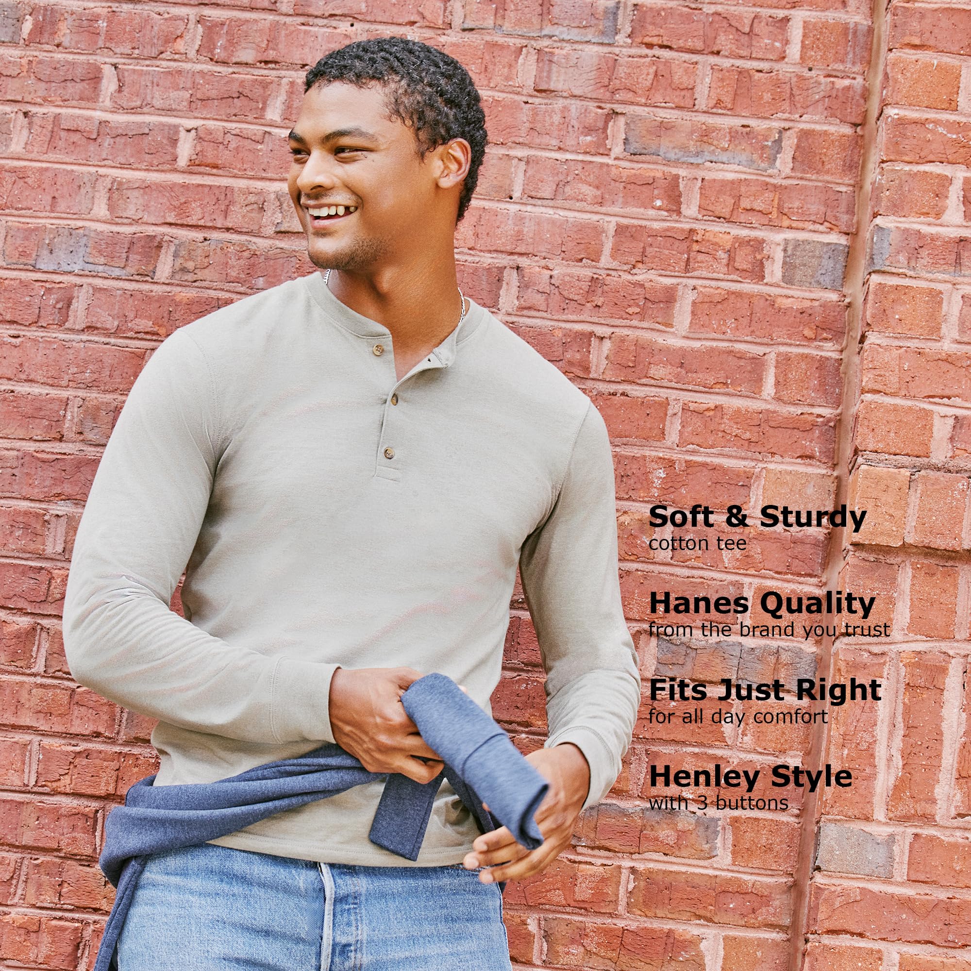 Hanes Men's Beefy Long Sleeve Three-Button Henley