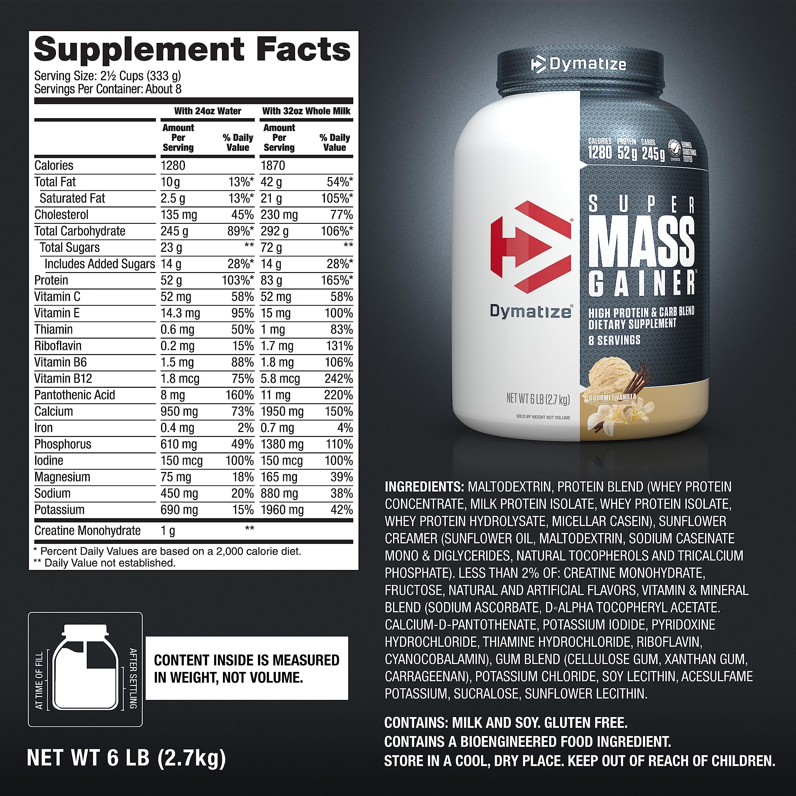 Dymatize Super Mass Gainer Protein Powder, 1280 Calories & 52g Protein, Gain Strength & Size Quickly, 10.7g BCAAs, Mixes Easily, Tastes Delicious, Gourmet Vanilla, Gourmet Vanilla, 6 Pound (Pack of 1)