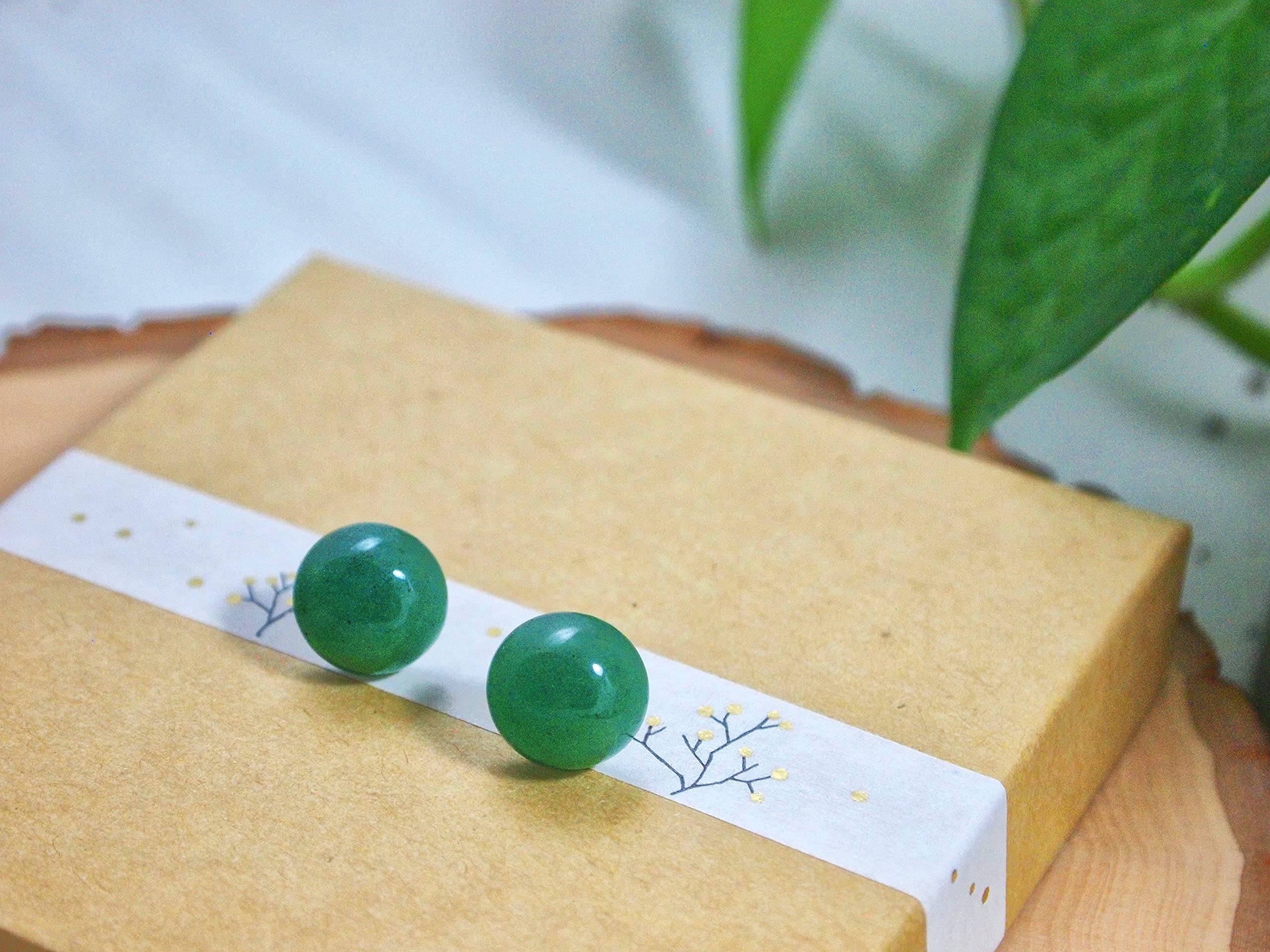 Handmade Natural Green Jade 12mm Large earring Studs for Women for Men Graduation Gift for Back to School, Teachers, August Birthday Anniversary(12mm Semi-cirle,Deeper Green Jade)