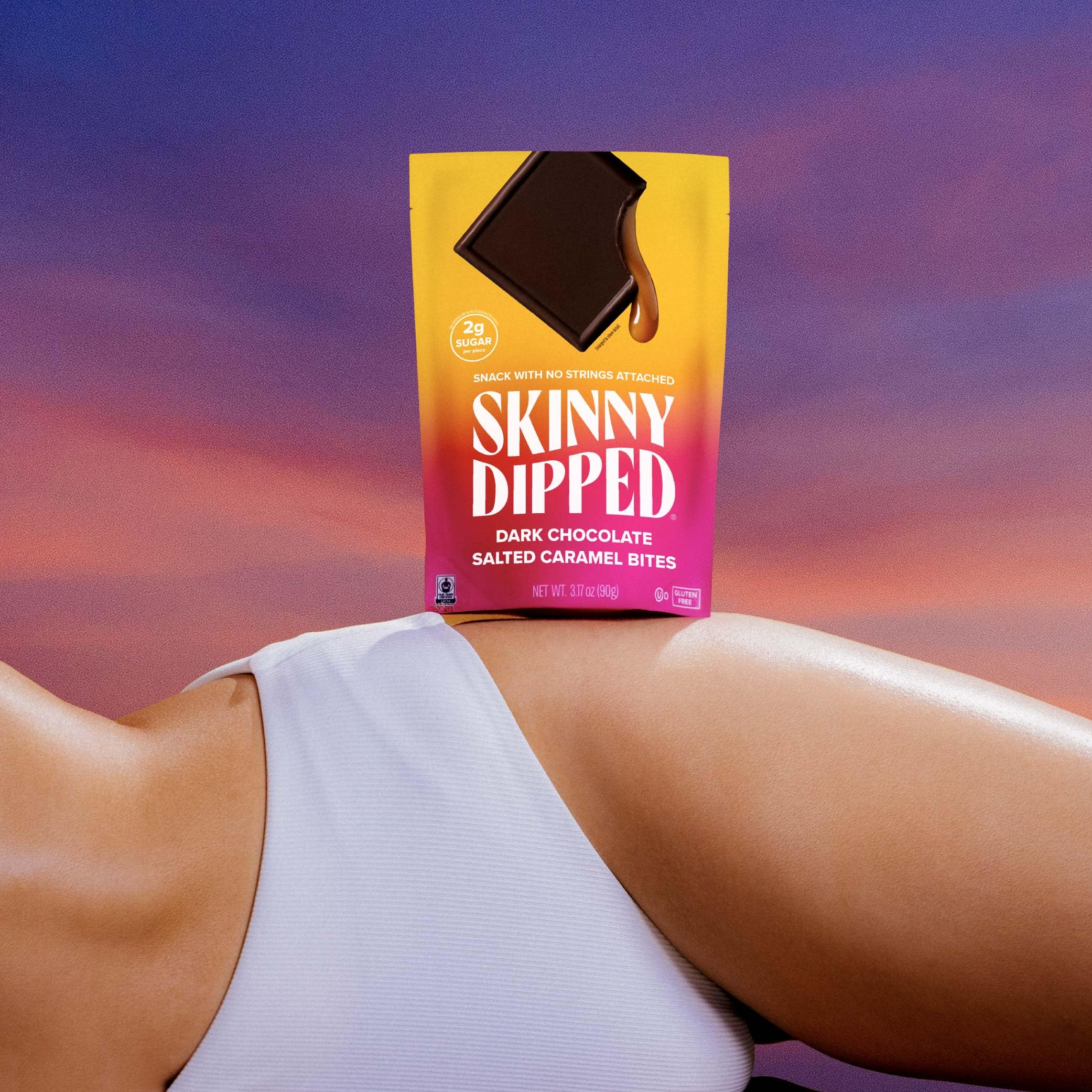 SkinnyDipped Dark Chocolate Salted Caramel Bites, 2g Sugar per Piece, Keto Friendly, No Palm Oil, Gluten Free, 4 Pack