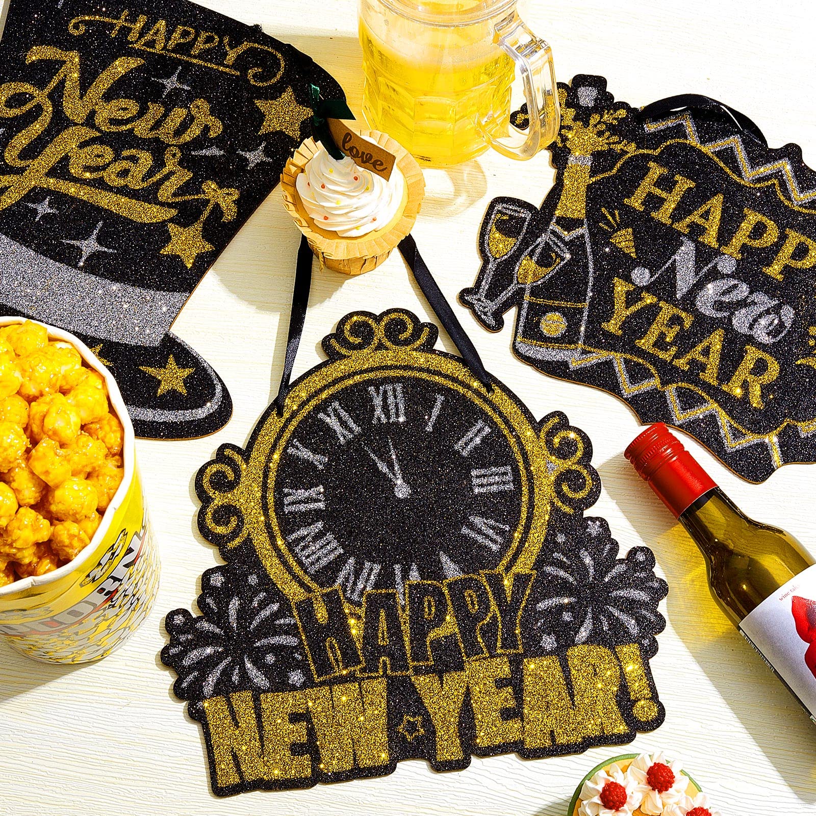 Jetec 3 Pieces Glitter Happy New Year Sign 2025 Wooden New Year Hanging Sign Black Gold New Year Party Decorations New Years Eve Party Supplies with 6 Pieces Black Ribbon for New Year(Vivid Style)