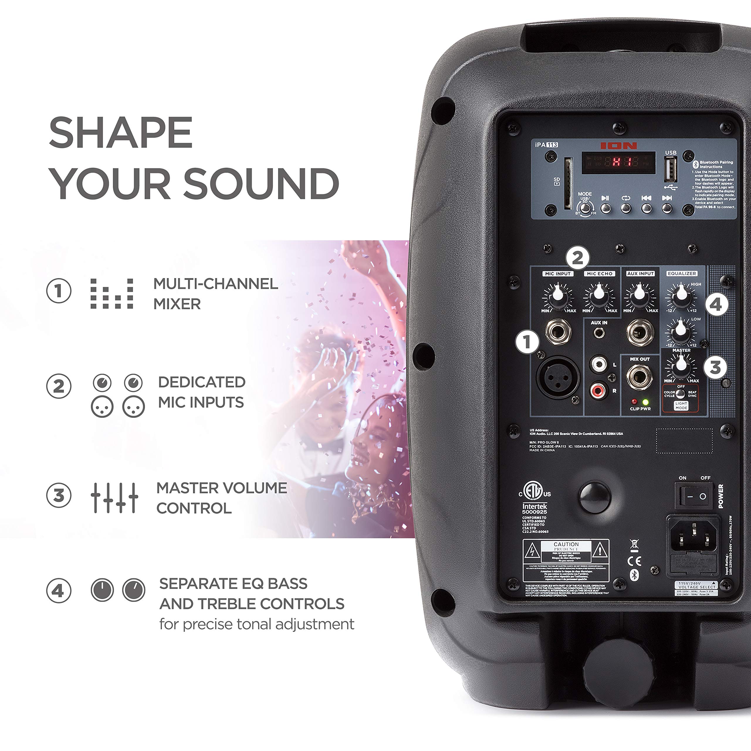 ION Audio Pro Glow 8 - 150W Wireless Bluetooth Speaker Portable PA System With Karaoke Microphone, Vocal Effects, USB/SD Playback and FM Radio