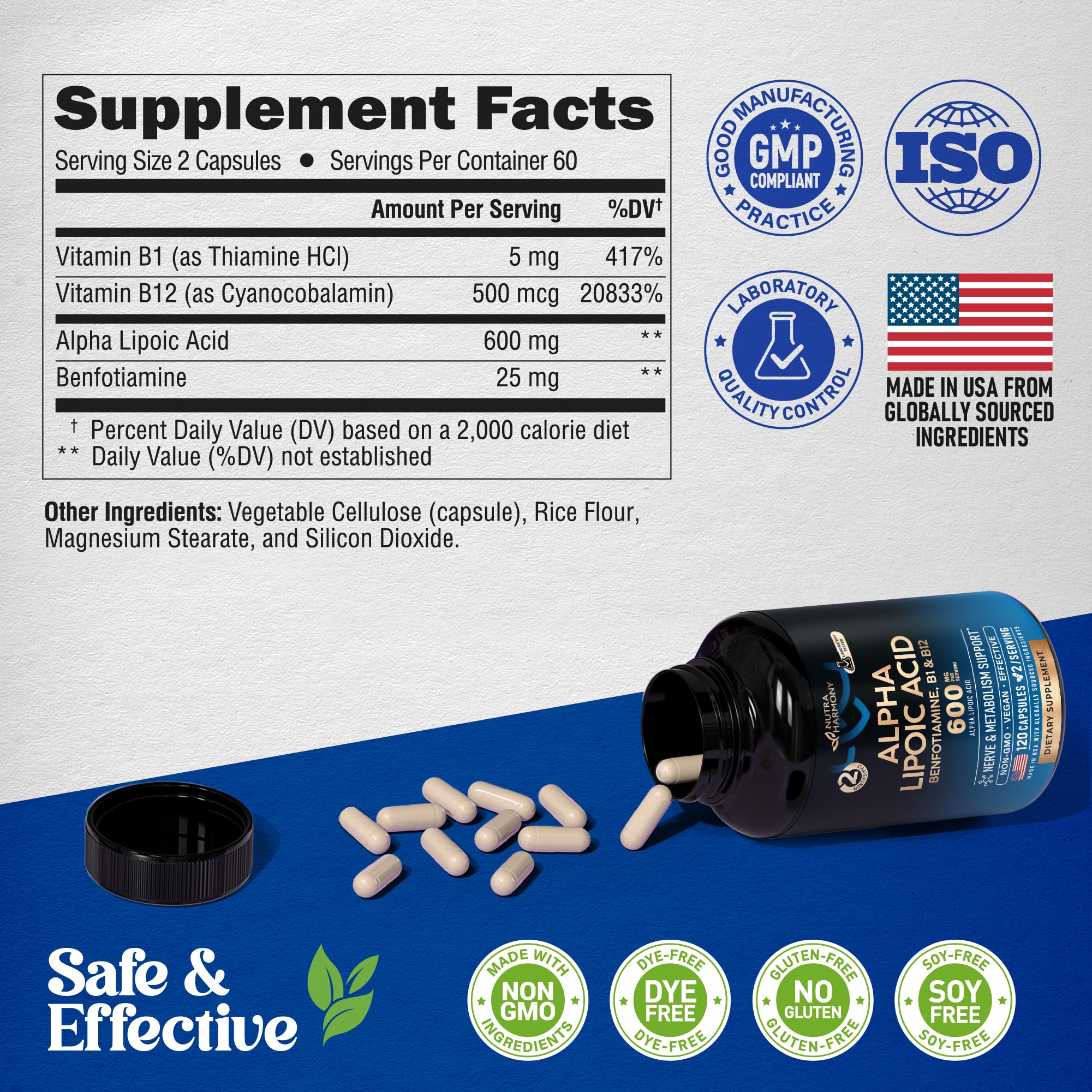 Alpha Lipoic Acid 600mg - ALA Supplement Antioxidant for Nerve, Energy & Metabolism Support - Extra Strength with Benfotiamine, B1 & B12 - Lab Tested, NON-GMO & Vegan - 120 Capsules, 2 Month Supply