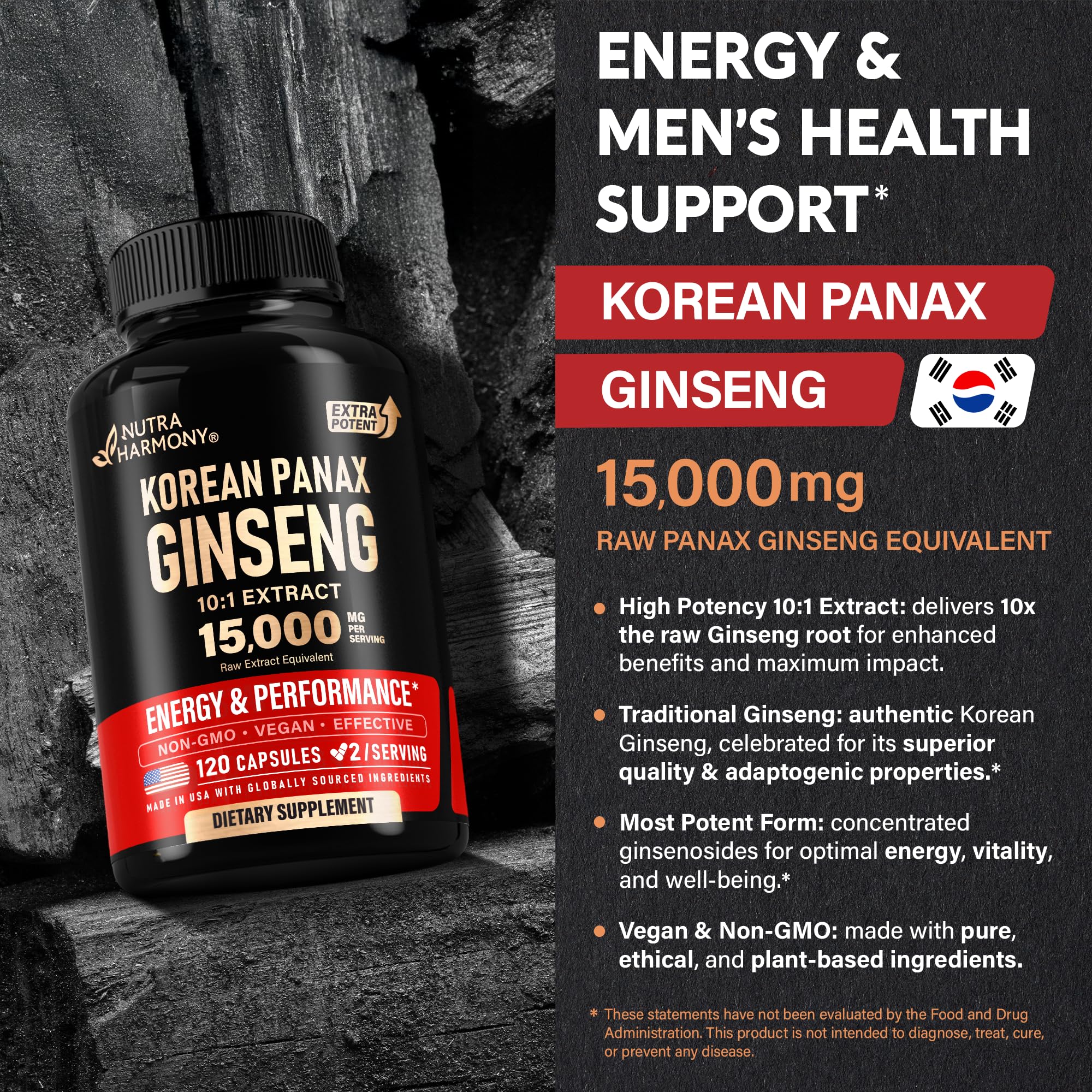 Panax Ginseng 15,000 mg - Red Korean Ginseng Supplement for Men - Extra Strength 10:1 Extract - Energy, Focus, Productivity & Performance - Natural & Vegan - Made in USA - 120 Capsules, 2 Month Supply