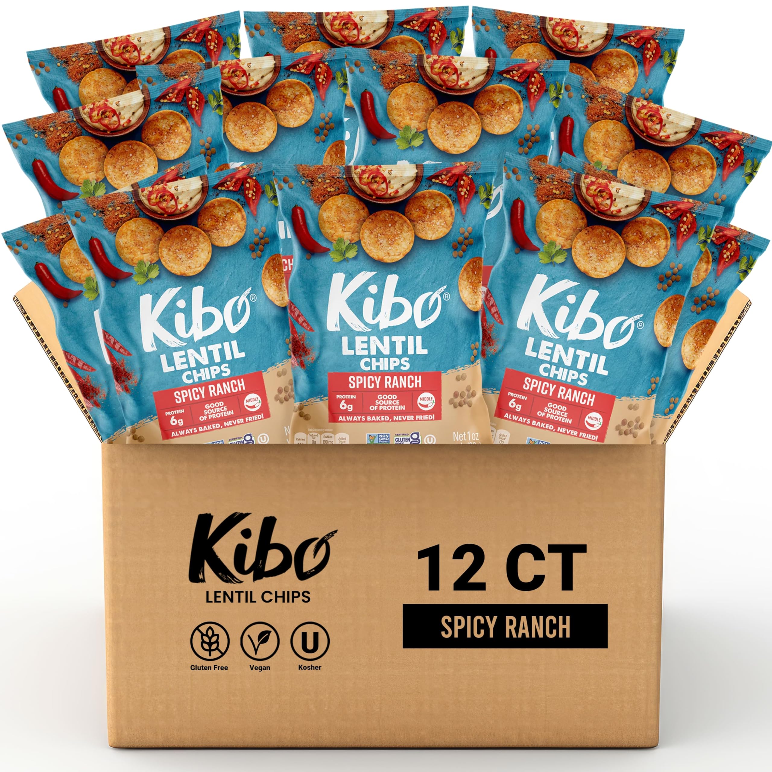 Kibo Lentil Chips Spicy Ranch with 6 Grams Protein, Non-GMO Vegan Crispy & Non-Fried 1 OZ (Pack of 12)