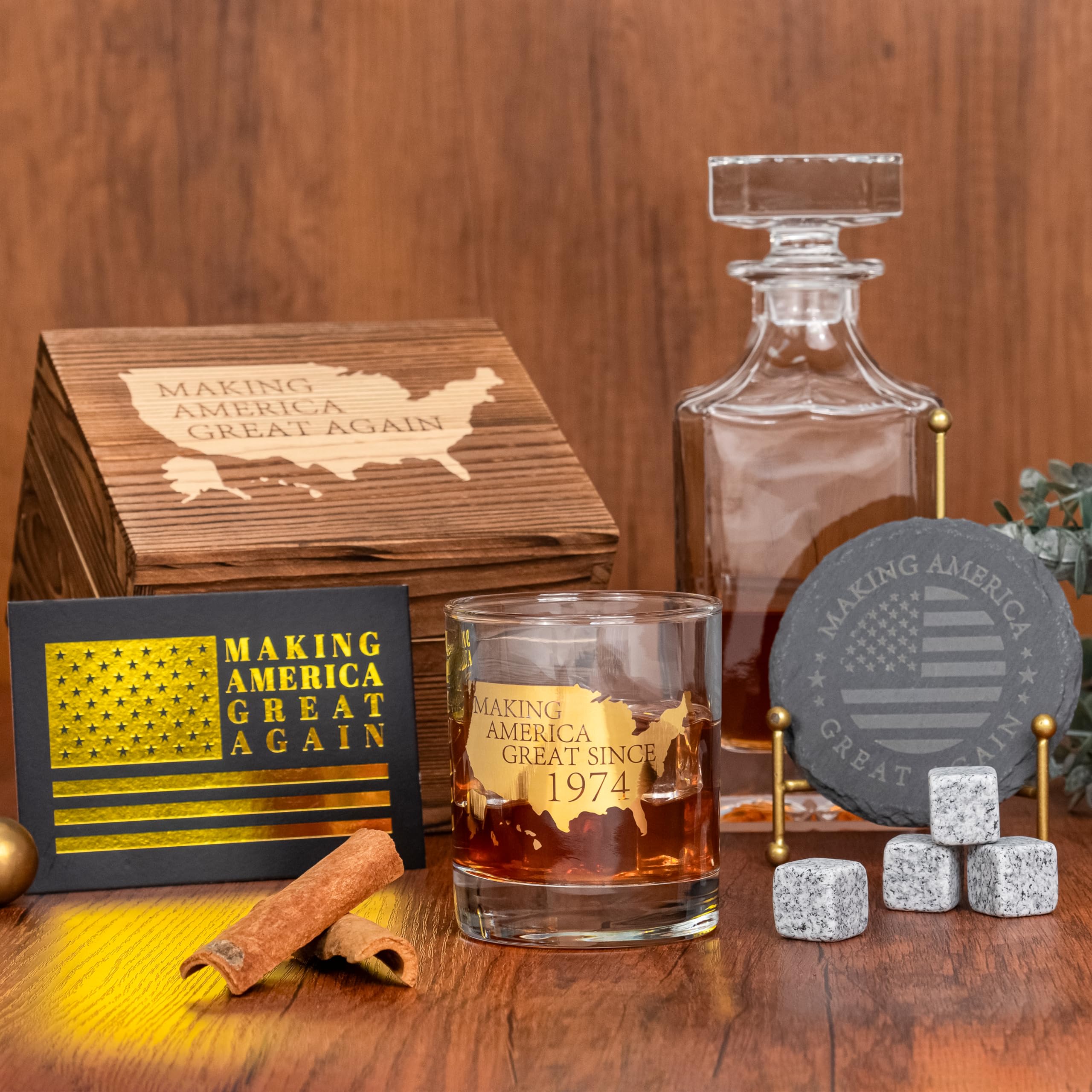 Crisky 50th Birthday Bourbon Whiskey Glass & Stones 50th Birthday Gift for Men Making XX Great Since 1974 Includes One Crystal Whisky Glass, 4 Chilling Stones, 1 Slate Coaster in Luxury Wooden Box