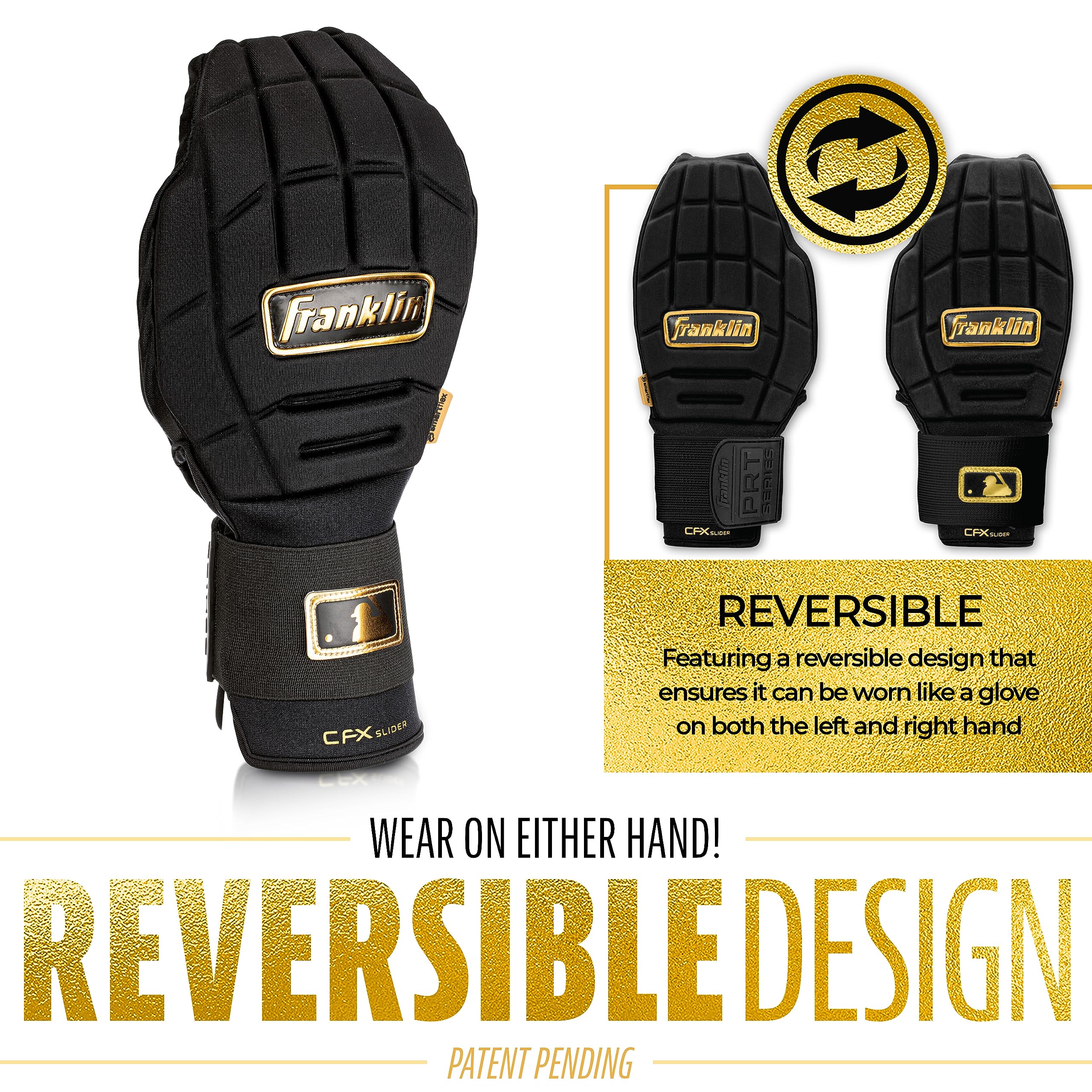 Franklin Sports MLB Baseball + Softball Sliding Mitt - CFX PRT Adult Protective Baserunning Sliding Glove - Left + Right Hand Mitt - Hand + Wrist Protector for Running - Black + Gold - One Size