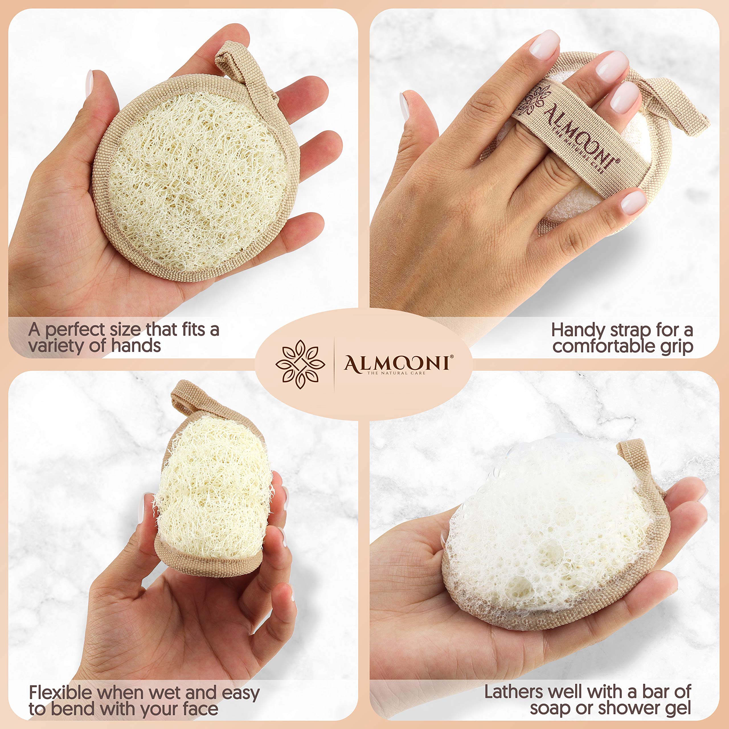 Almooni Natural Loofah Exfoliating Facial Scrubber, Made with Natural Egyptian Shower Loofah Sponge, Bath Shower Loofah Sponge for Women and Men, for Face That Gets You Clean - 6 Count (1 Pack)