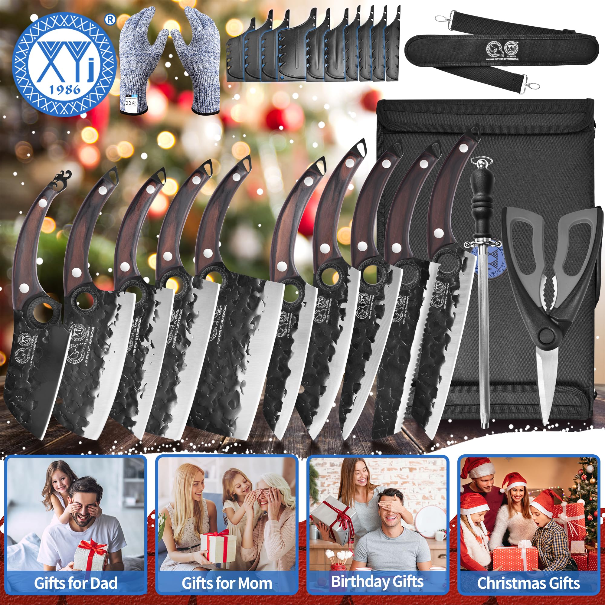 XYJ Professional Kitchen Knife Set with High-Carbon Steel Forged Blades, Chef's Knife, Cleaver, Carving Knife, Nakiri, Full Tang Design, Includes Carrying Bag & Poultry Scissors