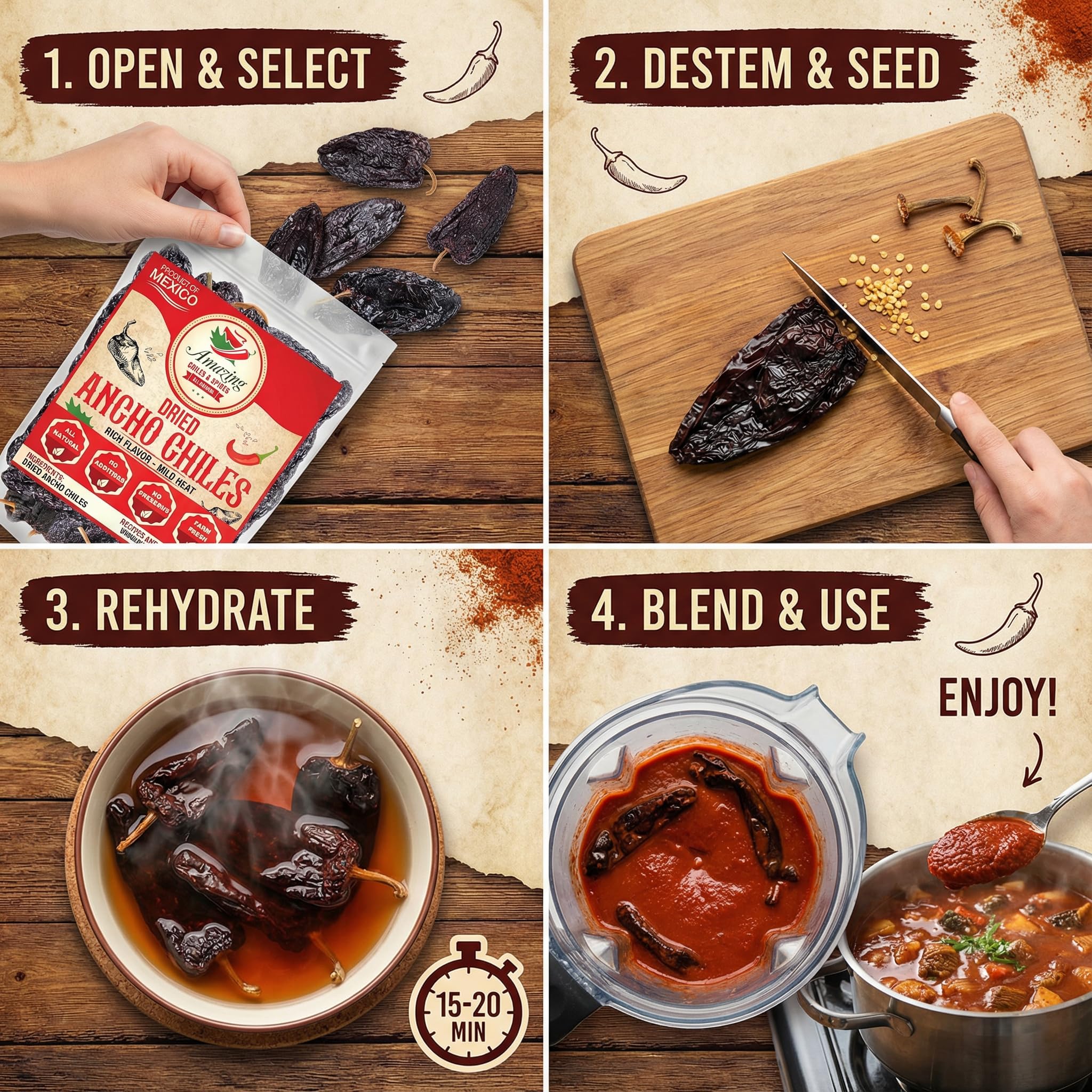 Dried Ancho Chiles Peppers 4 oz – Natural & Premium for Authentic Mexican Mole, Sauces, Stews, Salsas, and More! Sweet & Smoky Flavor with Mild to Medium Heat to Elevate Your Favorite Recipes.