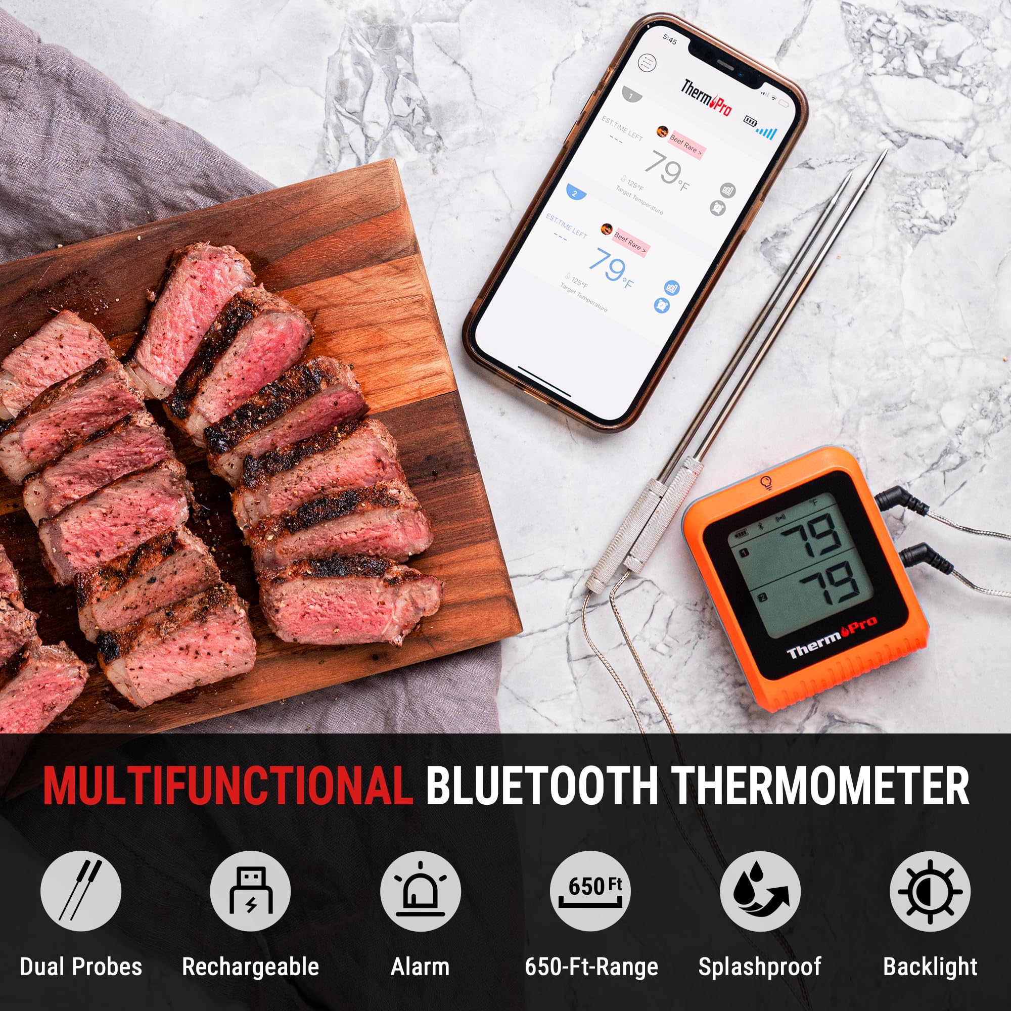 ThermoPro Wireless Meat Thermometer of 650FT for Smoker Oven, Bluetooth Grill Thermometer with Dual Probes, Smart Rechargeable BBQ thermometer for Cooking Turkey Fish Beef