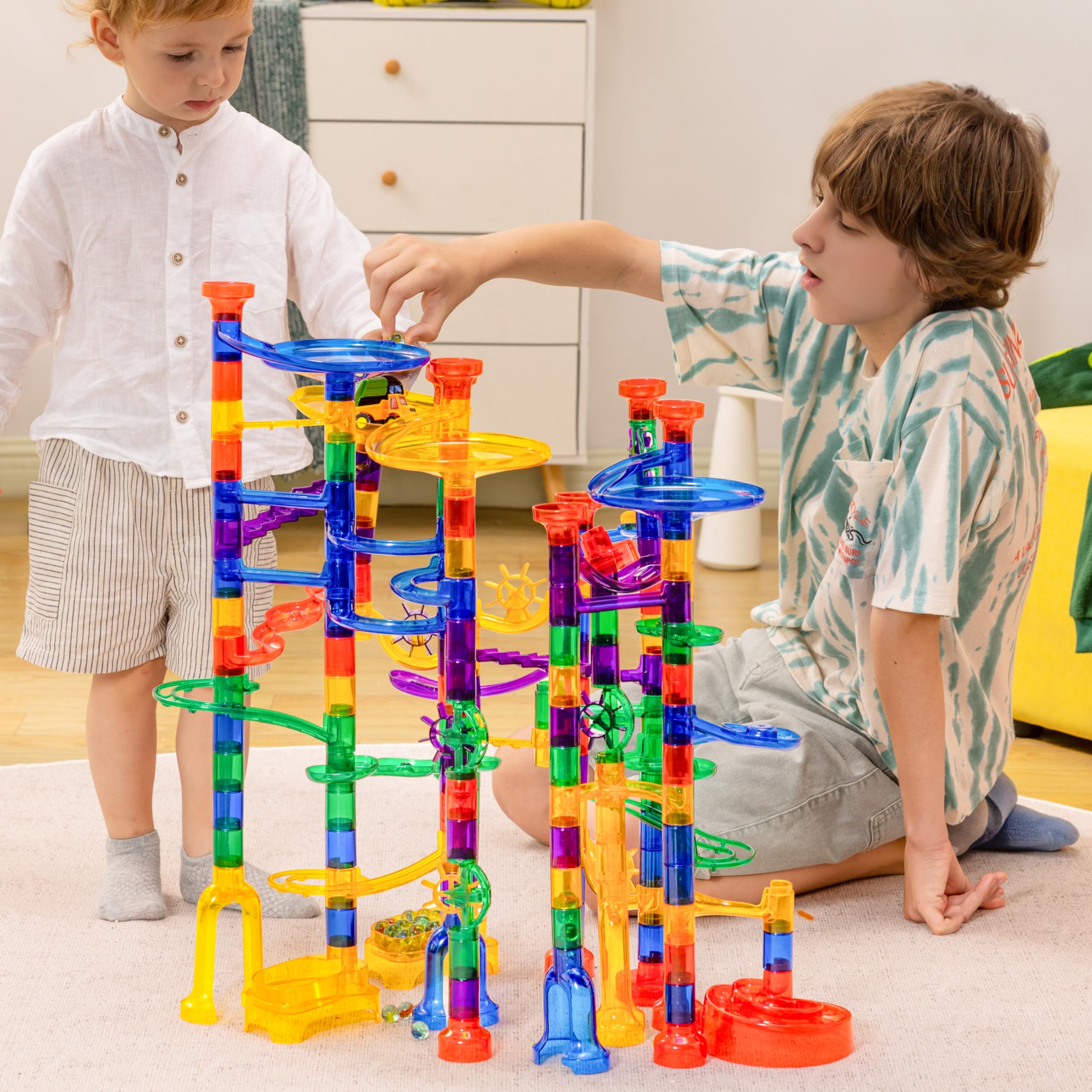 JOYIN 207Pcs Glowing Marble Run, Construction Building Blocks Toys with 5 Glow in The Dark Glass Marbles, STEM Toy for Boys and Girls, Educational Toy(147 Plastic Pieces + 60 Glass Marbles)