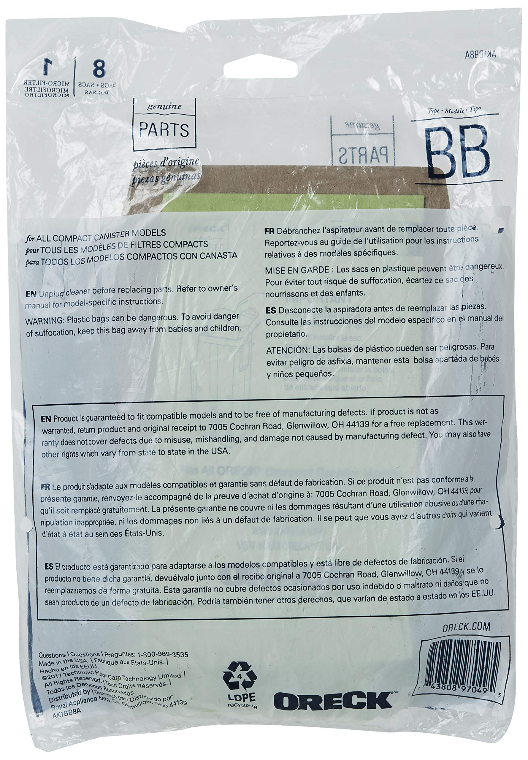 Oreck Genuine Buster B Canister Vacuum Paper Bags, 8-Pack, AK1BB8A, Green