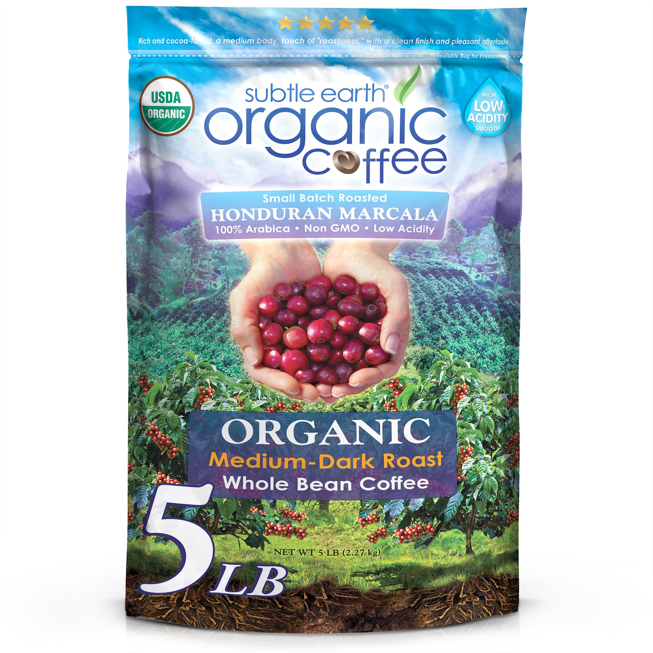 5LB Subtle Earth Organic Coffee - Medium Dark Roast - Whole Bean Coffee - 100% Arabica Beans - Low Acidity and Non-GMO - 5lb bag