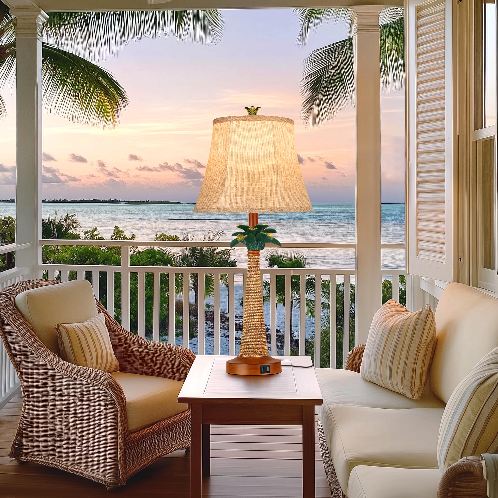 Set of 2 Coastal Palm Tree Table Lamps with 2 USB Ports for Living Room Beach Nautical Bedside Lamps for Bedroom Tropical Nightstand Lamps for Home Decor