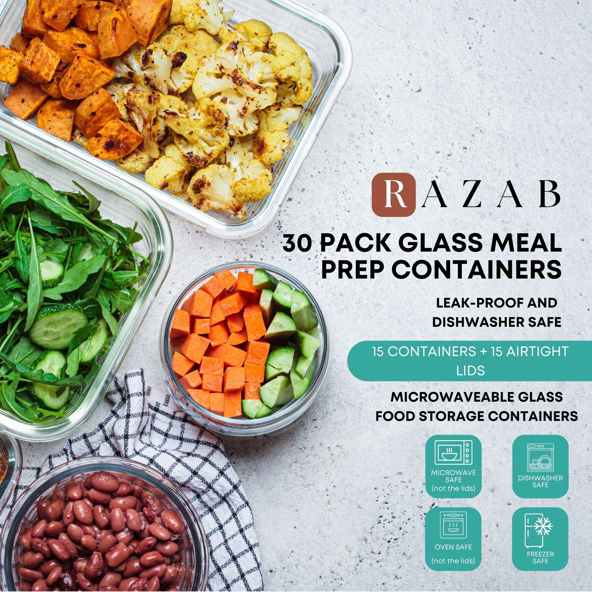 Razab 30 PC Glass Food Storage Containers with Lids - Reusable Glass Meal Prep Containers for Lunch & Leftovers - Airtight & Leakproof Snap Locking Lids - Oven, Freezer, Microwave & Dishwasher Safe