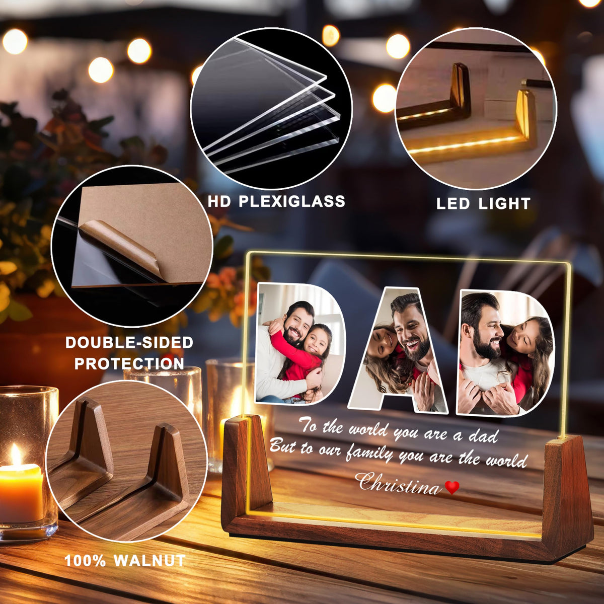 Idiyfun Fathers Day Personalized Gifts for Dad from Daughter Son Kids, Customized Acrylic Plaque LED Walnut Frame with Photos Night Light, Christmas Birthday Gifts for Dad Father PAPA Husband
