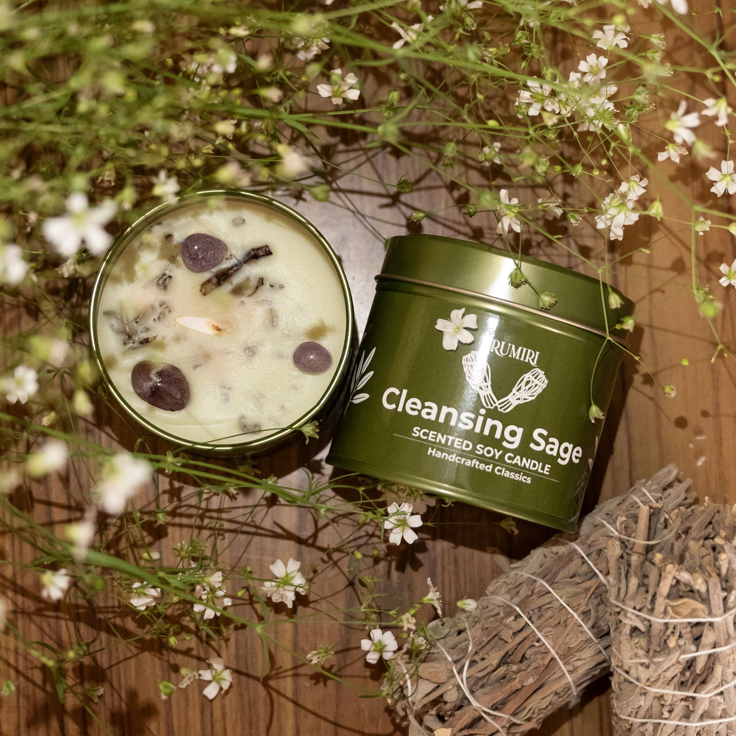 Sage Candle for Cleansing House Negative Energy and Protection Smudge Kit - 5 oz Soy Wax Natural Clean Organic Non Toxic - Velas de Olor Para el Hogar - Long Lasting - Highly Scented