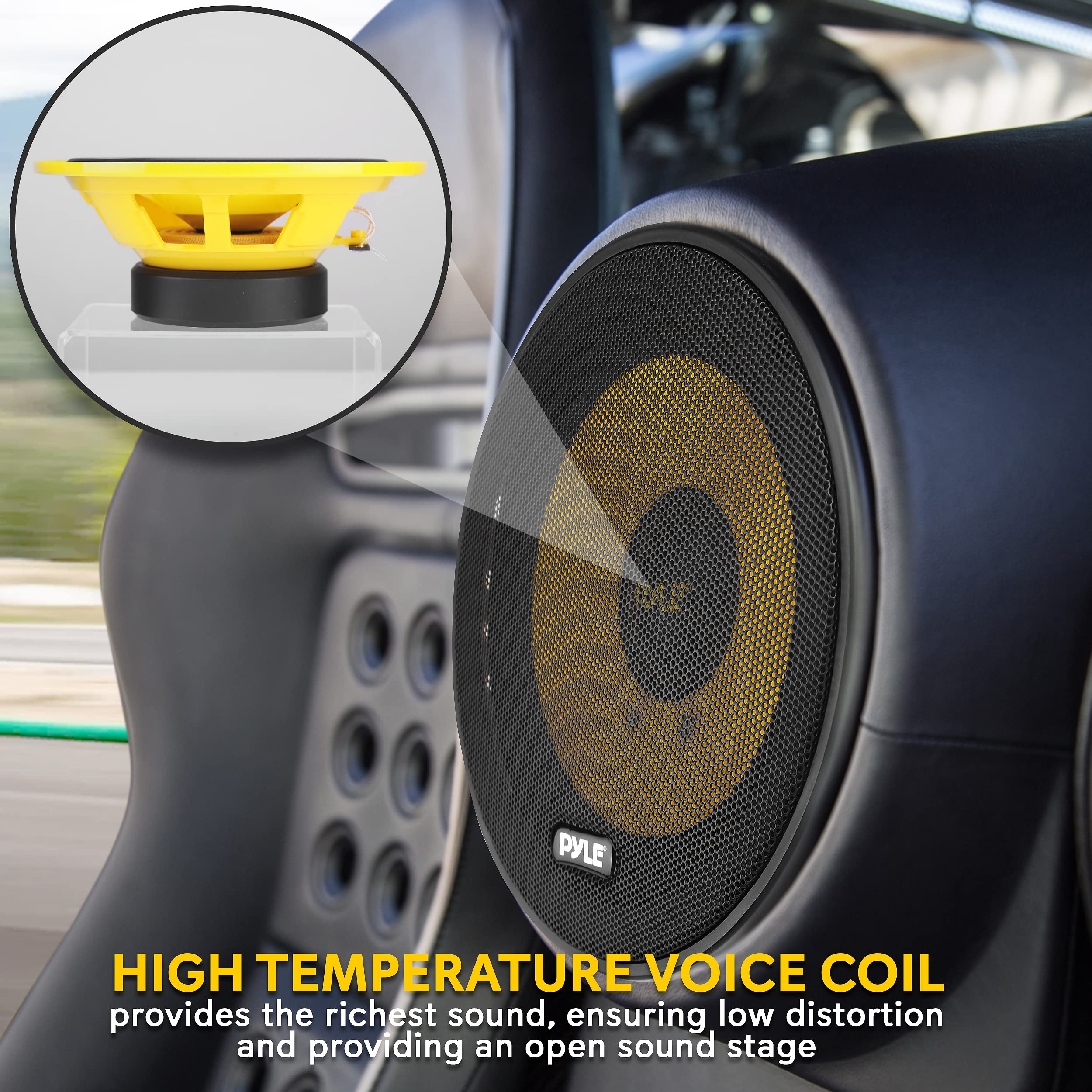 Pyle 2 Way Custom Component Speaker System - 6.5” 400 Watt, with Electroplated Plastic Basket, Butyl Rubber Surround & 40 Oz Magnet Structure - Wire Installation Hardware Set Included - PLG6C, Yellow