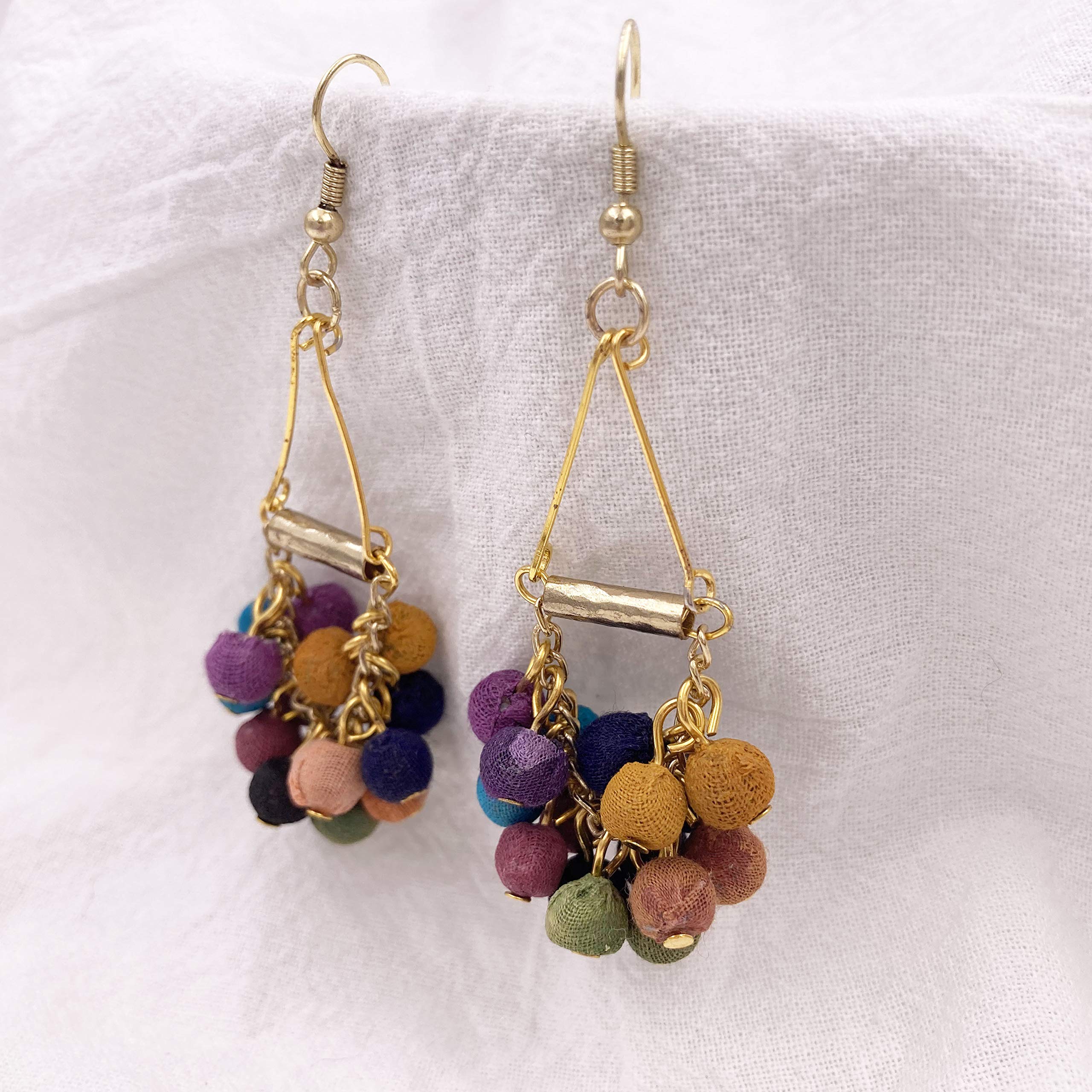 Handmade Earrings for Women Colorful Fabric Beads Holi Festival Dangle Fashion T011