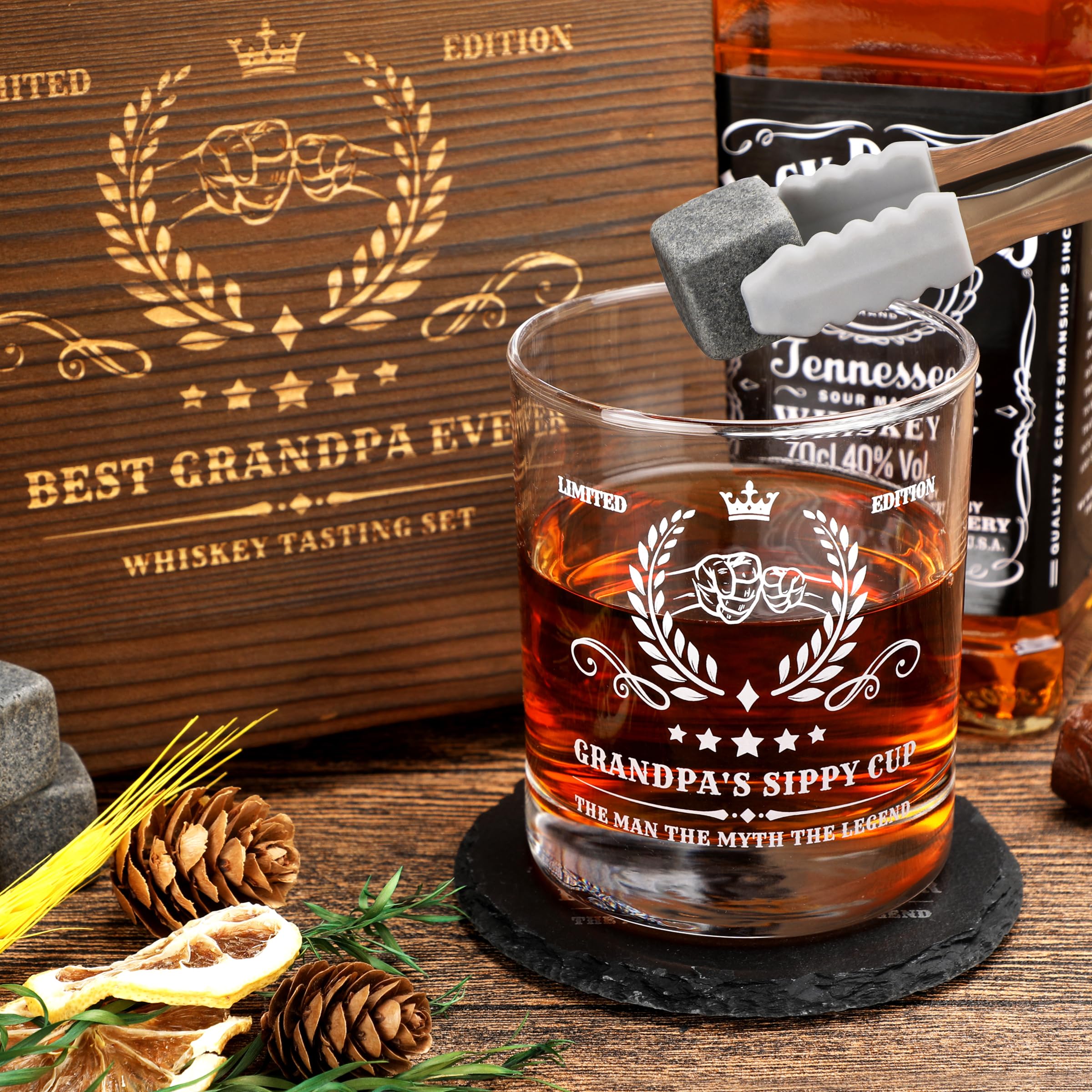 Pagather Grandpa Birthday Gifts Whiskey Set, Best Grandpa Presents from Grandson and Granddaughter, Include Wood Box, Recipe, Stones, Coaster, Stone Holder, Clamp