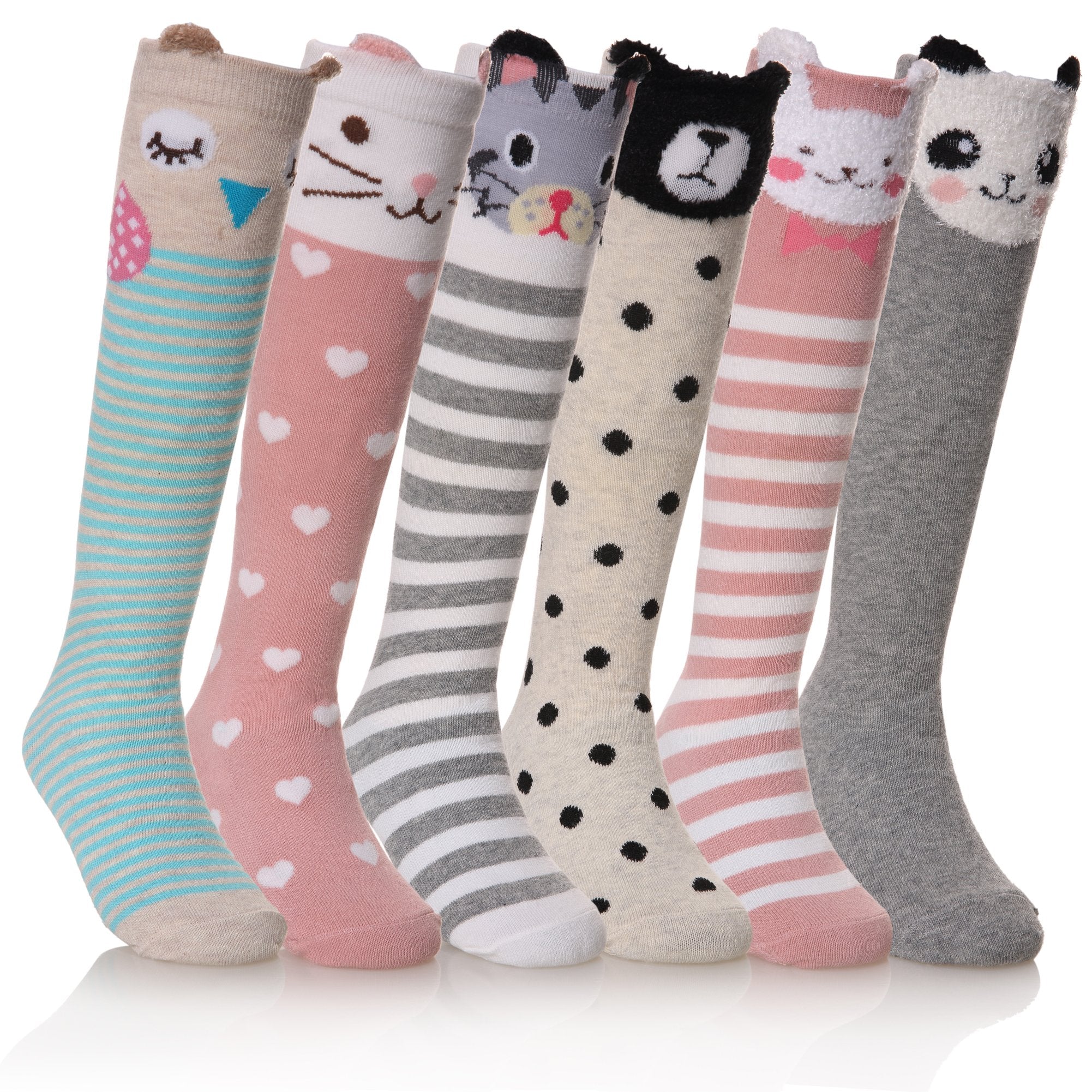 FNOVCO Girls Knee High Socks Kids Crazy Fun Gift Cute Animal Patterns Cotton Long Socks 6 Pairs (6 Pairs Animal)