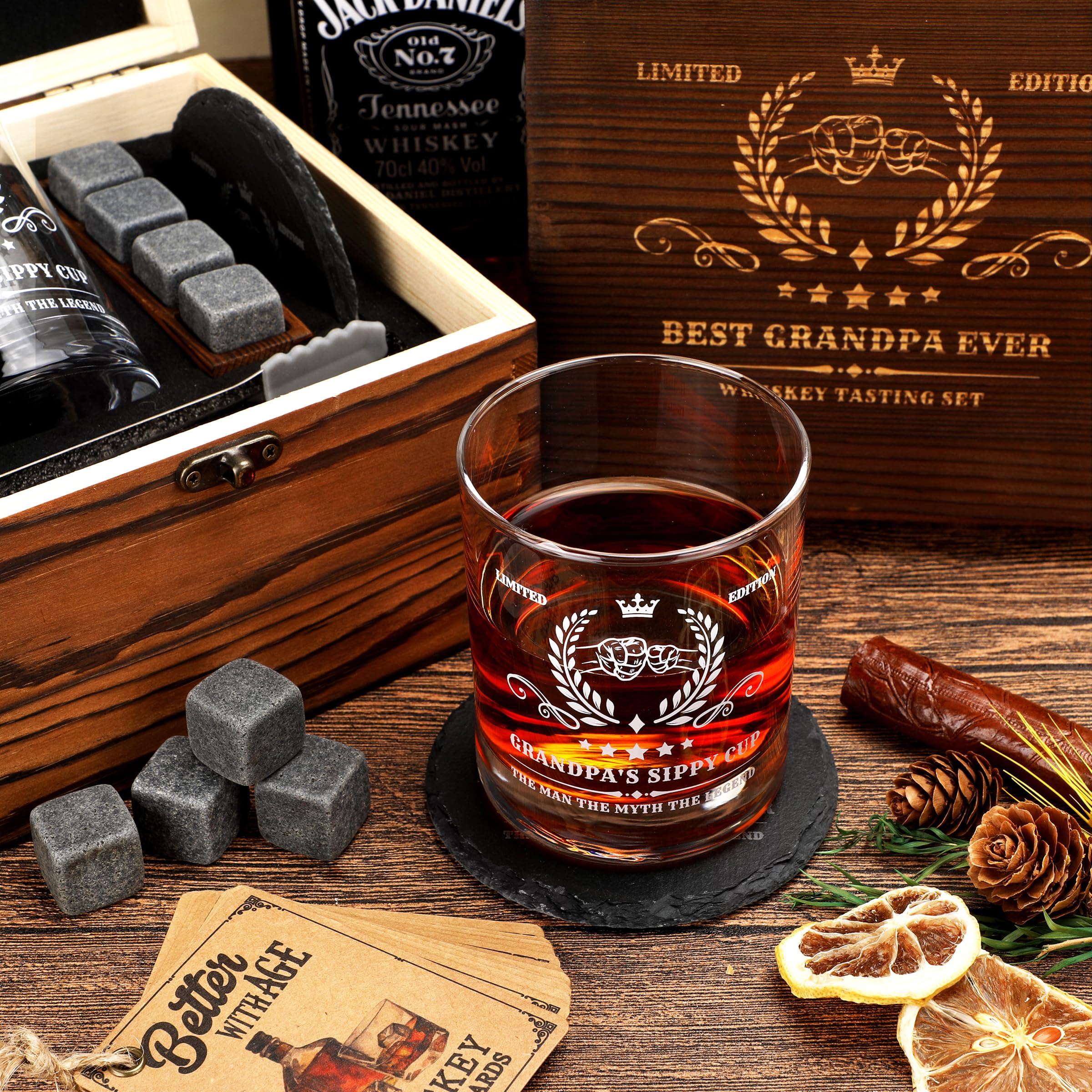 Pagather Grandpa Birthday Gifts Whiskey Set, Best Grandpa Presents from Grandson and Granddaughter, Include Wood Box, Recipe, Stones, Coaster, Stone Holder, Clamp