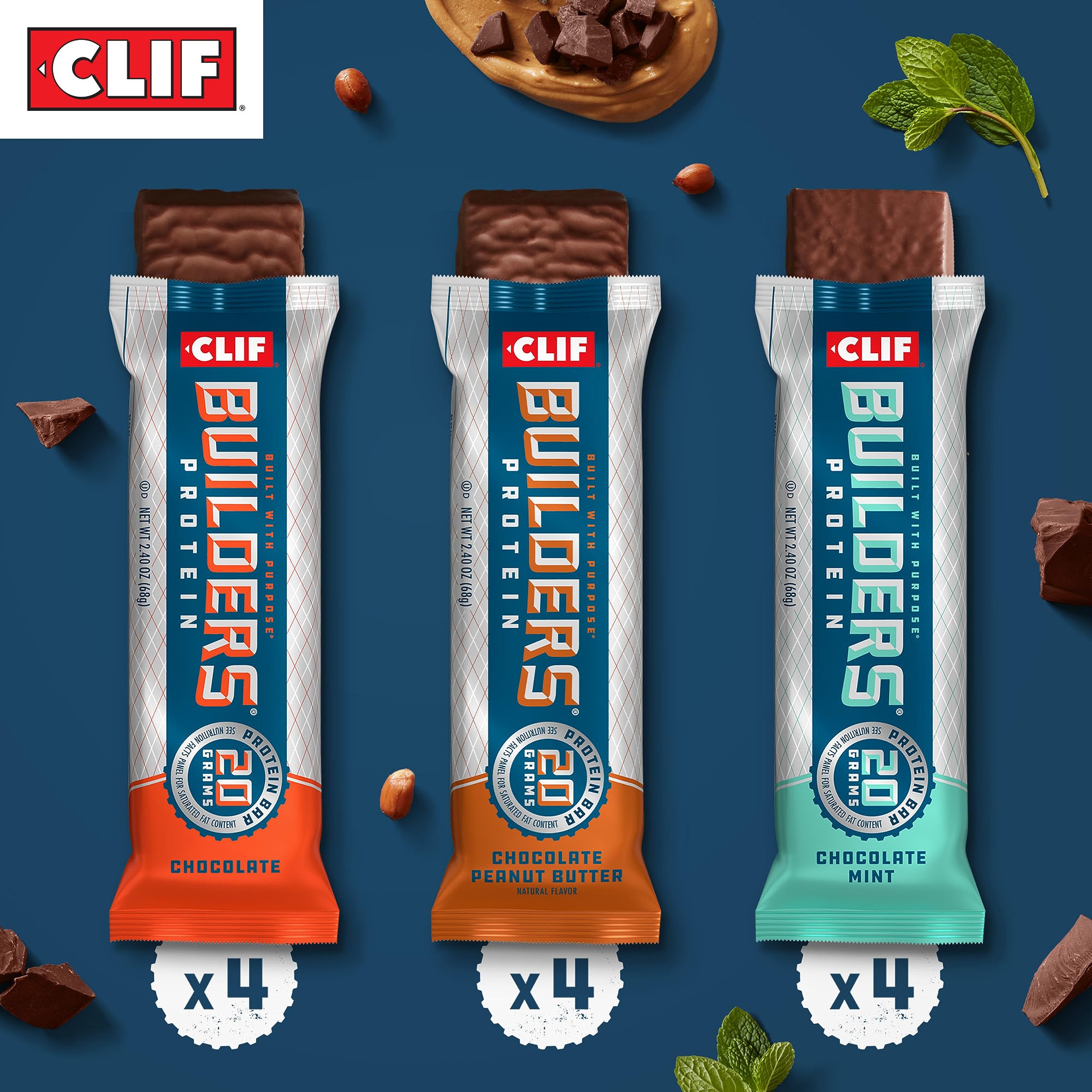 CLIF Builders - Variety Pack - Plant Based Protein Bars - Gluten Free - Non-GMO - Low Glycemic - 20g Protein - 2.4 oz. (12 Count)