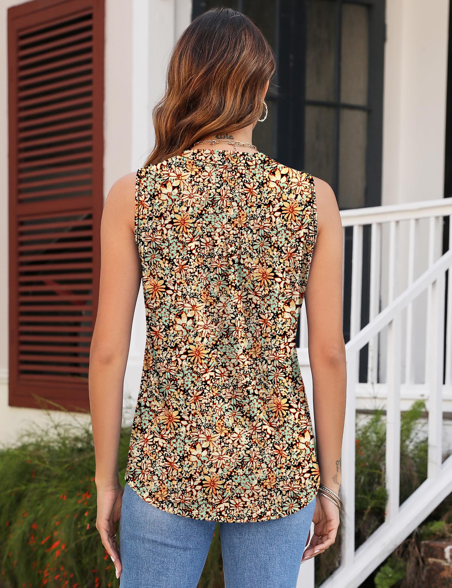 Micoson Womens Fashion Flower Tops and Blouses Sleeveless V Neck Pleated T Shirts Holiday Dress Tunic Floral Orange S