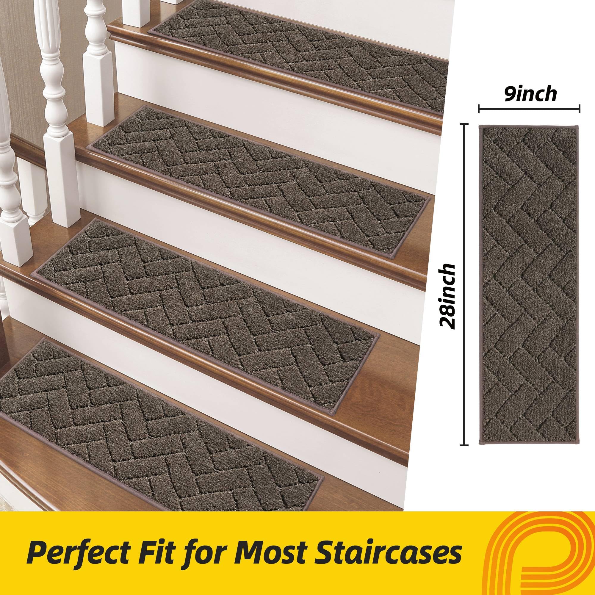 Non-Slip Stair Treads for Wooden Steps Indoor, 4 Pack 9" X 28" Edging Stair Runner with TPE Backing, 0.4" Thick Stair Rugs for Kids Elders & Pets, 100% Polyester Soft Carpet Stair Mats, Brown
