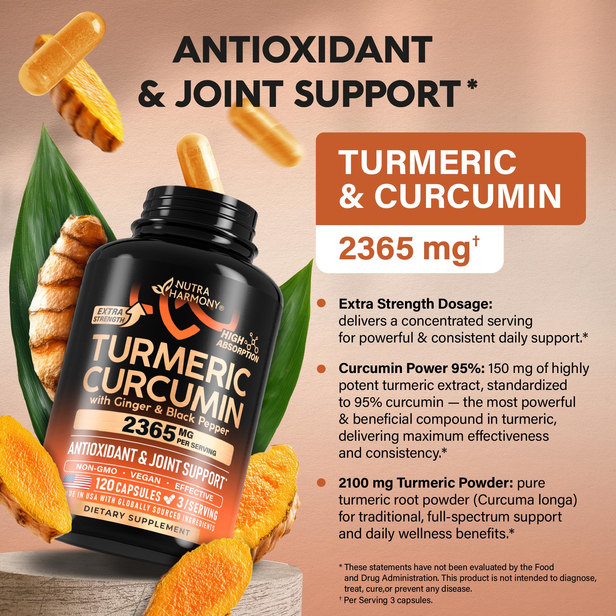 Turmeric Curcumin Supplement 2365 mg - Turmeric with Ginger & Black Pepper - Highly Bioavailable & Extra Strength 95% Curcuminoids - Antioxidant, Immunity & Joint Support - Made in USA - 120 Capsules