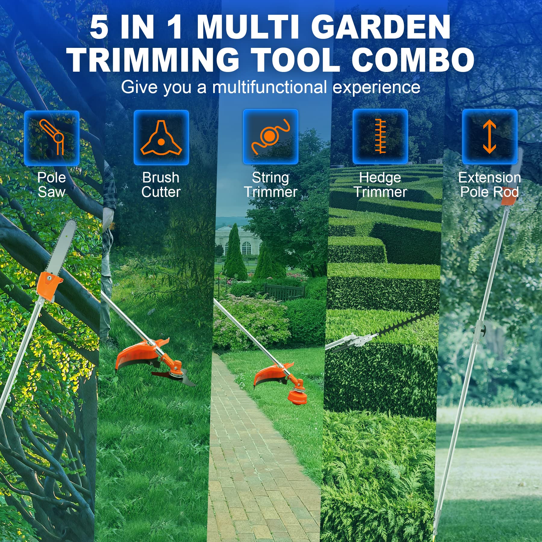 Iglobalbuy 52cc 2-Stroke 5 in 1 Garden Hedge Trimmer Combo, Gas Powered Long Reach Pole Saw Grass String Trimmer Brush Tree Cutter Pruner Weed Eater Multi Functional Garden Trimming Tools