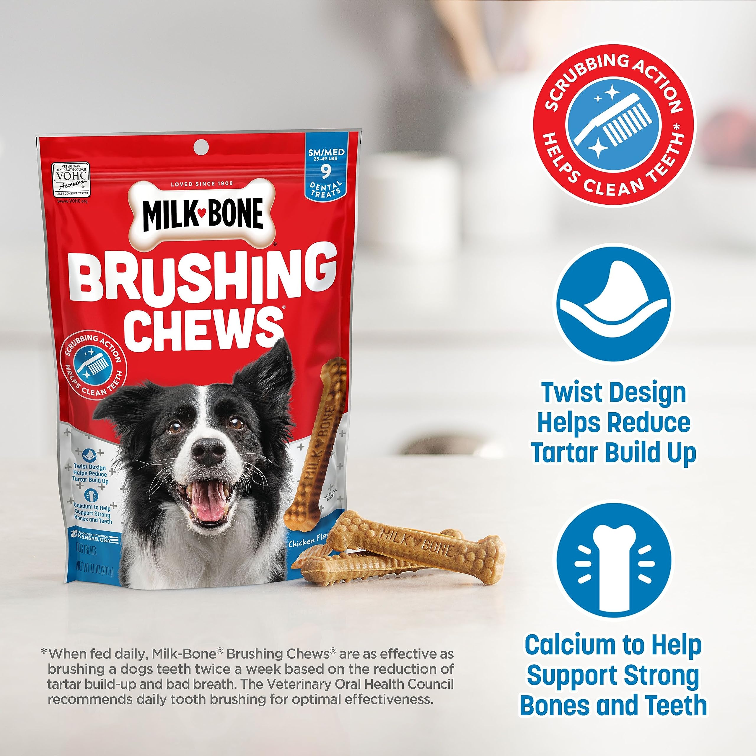 Milk-Bone Original Brushing Chews, 25 Small/Medium Daily Dental Dog Treats Scrubbing Action Helps Clean Teeth