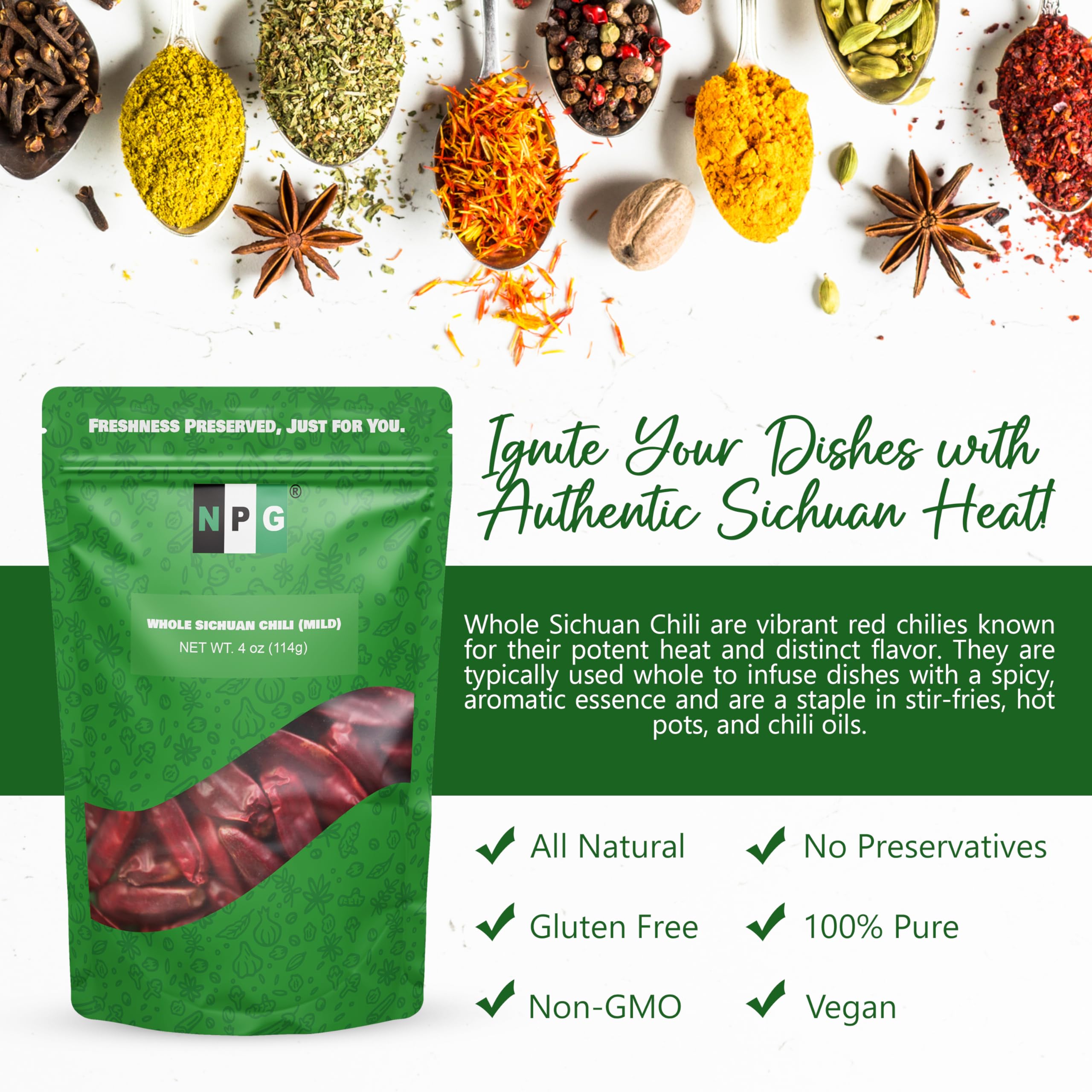 NPG Sichuan Chili Peppers 4 Ounces, Mild, Used in Mexican, Chinese, Thai Dishes, Premium Szechuan Dried Red Chilies for Chili Oil, Paste, and Sauce