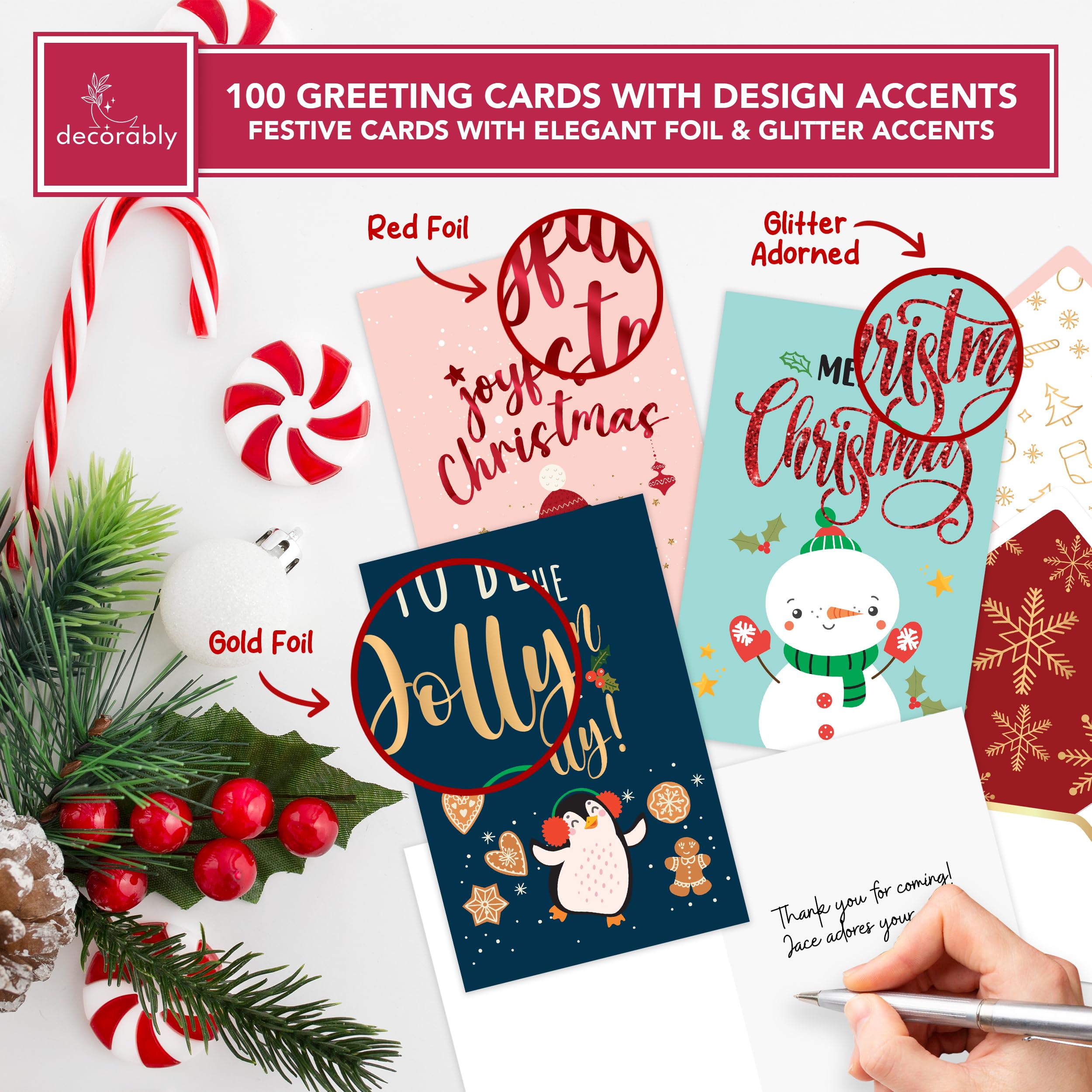 Decorably 100 Pack Boxed Assorted Christmas Cards with Envelopes & Stickers, 100 Unique Designs with Printed Message Bulk Christmas Cards Bulk, 6x4in Bulk Christmas Cards with Envelopes Bulk