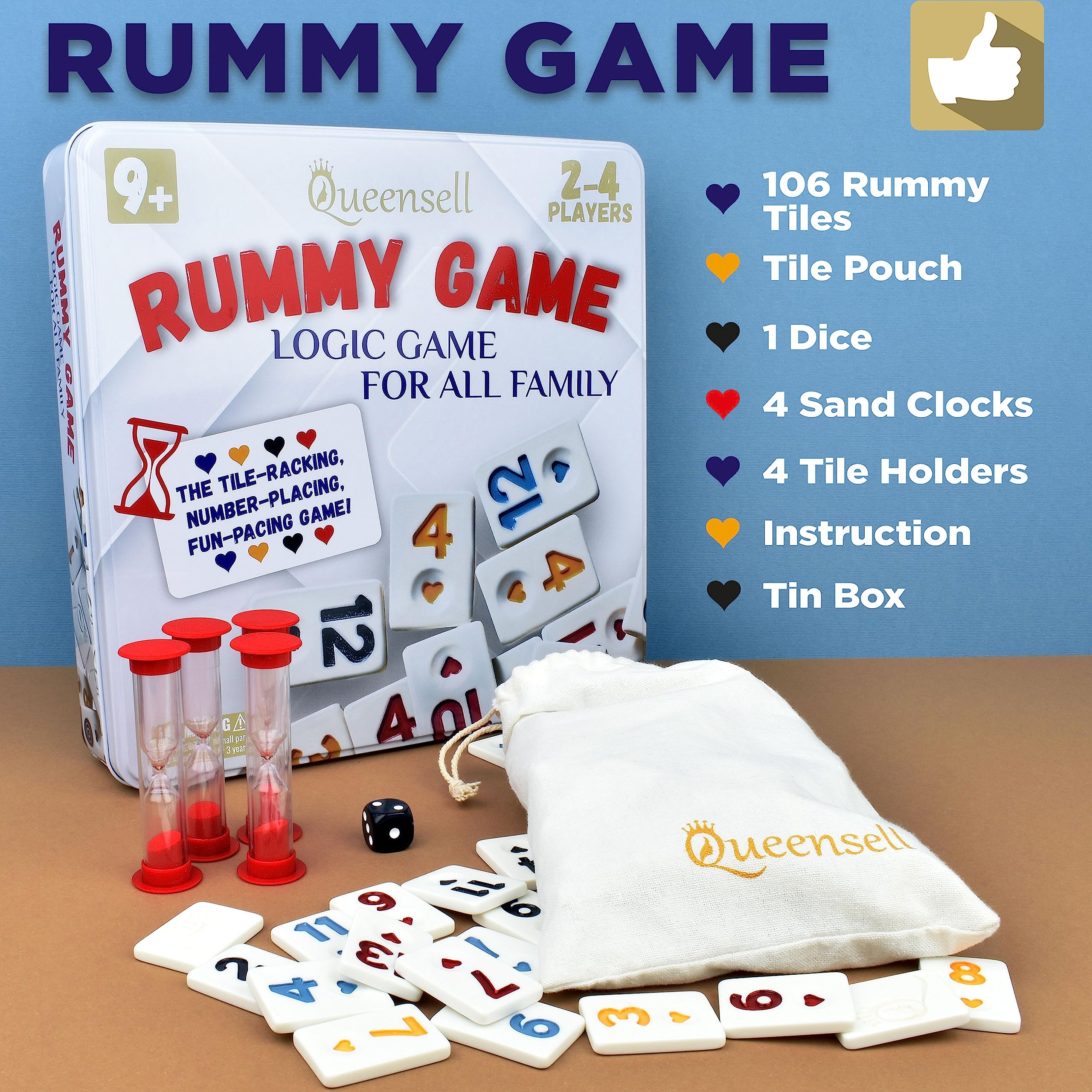 Queensell Rummy Cube Game Classic with Metal Case, Timers and Holders, Classic Rummy Game for Kids and Adults