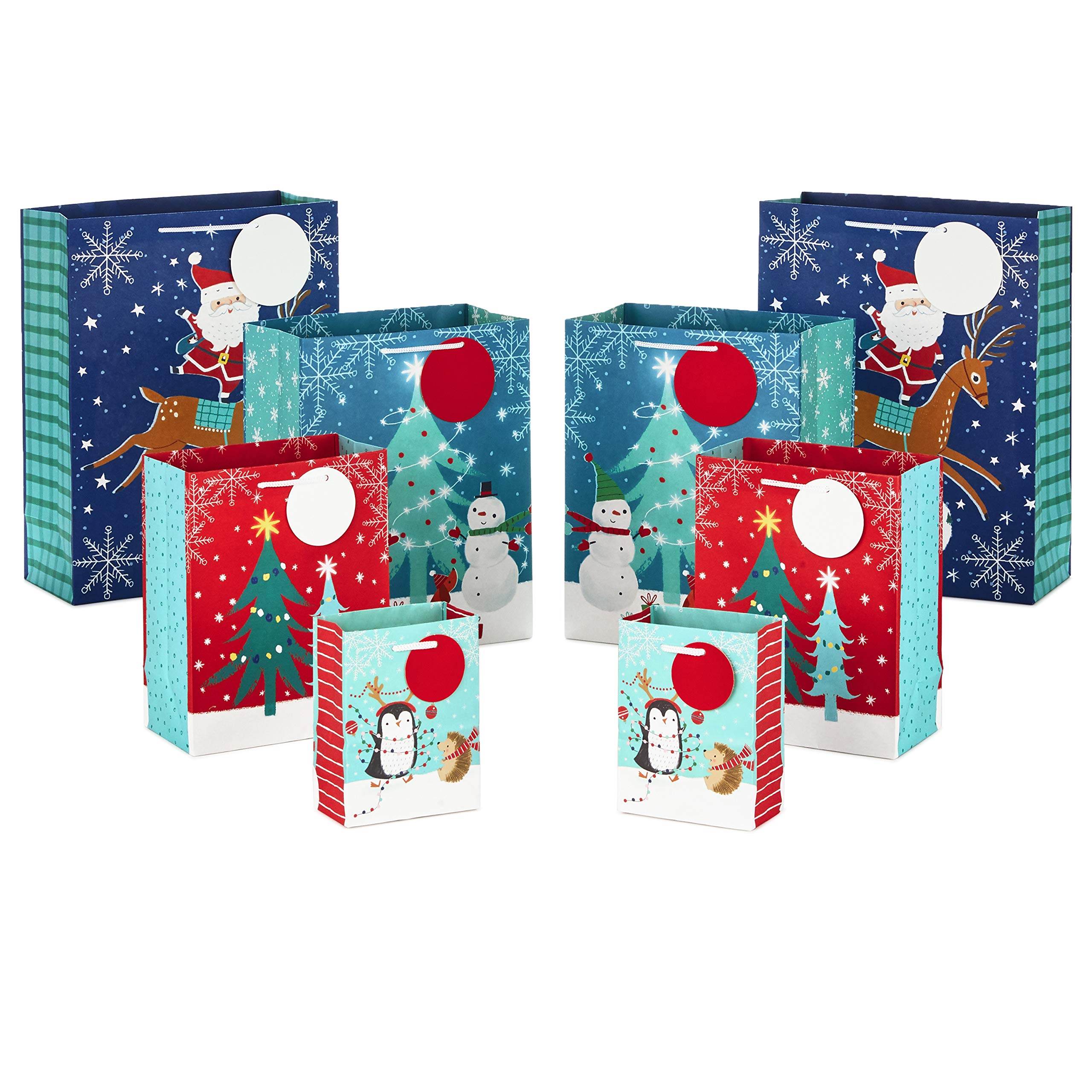 Hallmark Christmas Gift Bags Assorted Sizes (8 Bags: 2 Small 5", 2 Medium 8", 2 Large 11", 2 Extra Large 14") Penguins, Hedgehogs, Santa Claus, Snowmen, Trees