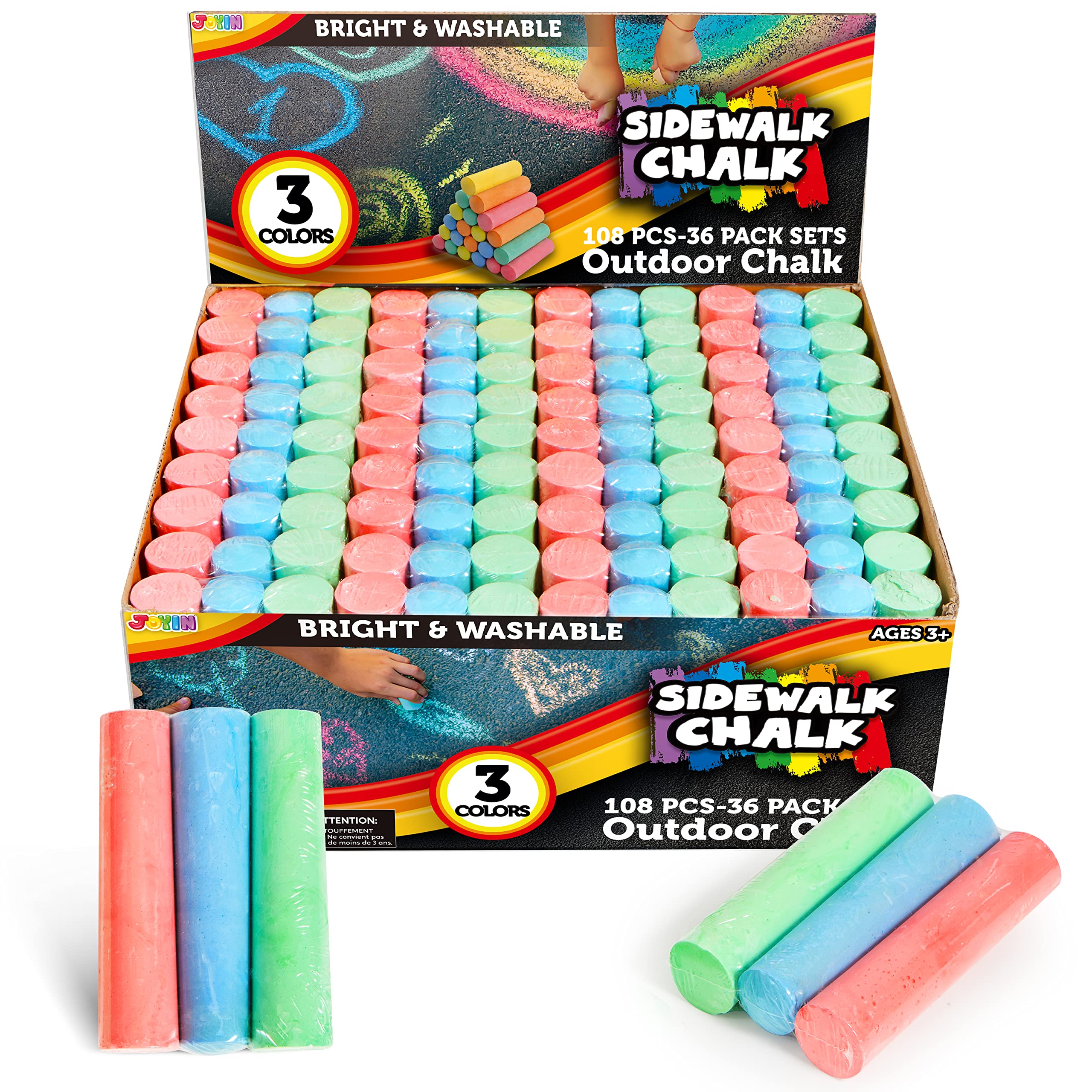 JOYIN 108 PCS Sidewalk Chalk Set in 36 Count, 3 Assorted Colors, Non-Toxic Jumbo Washable Driveway Chalk for Outdoor Art Play, Great Gift Toys for Kids, Classroom, Party Favors