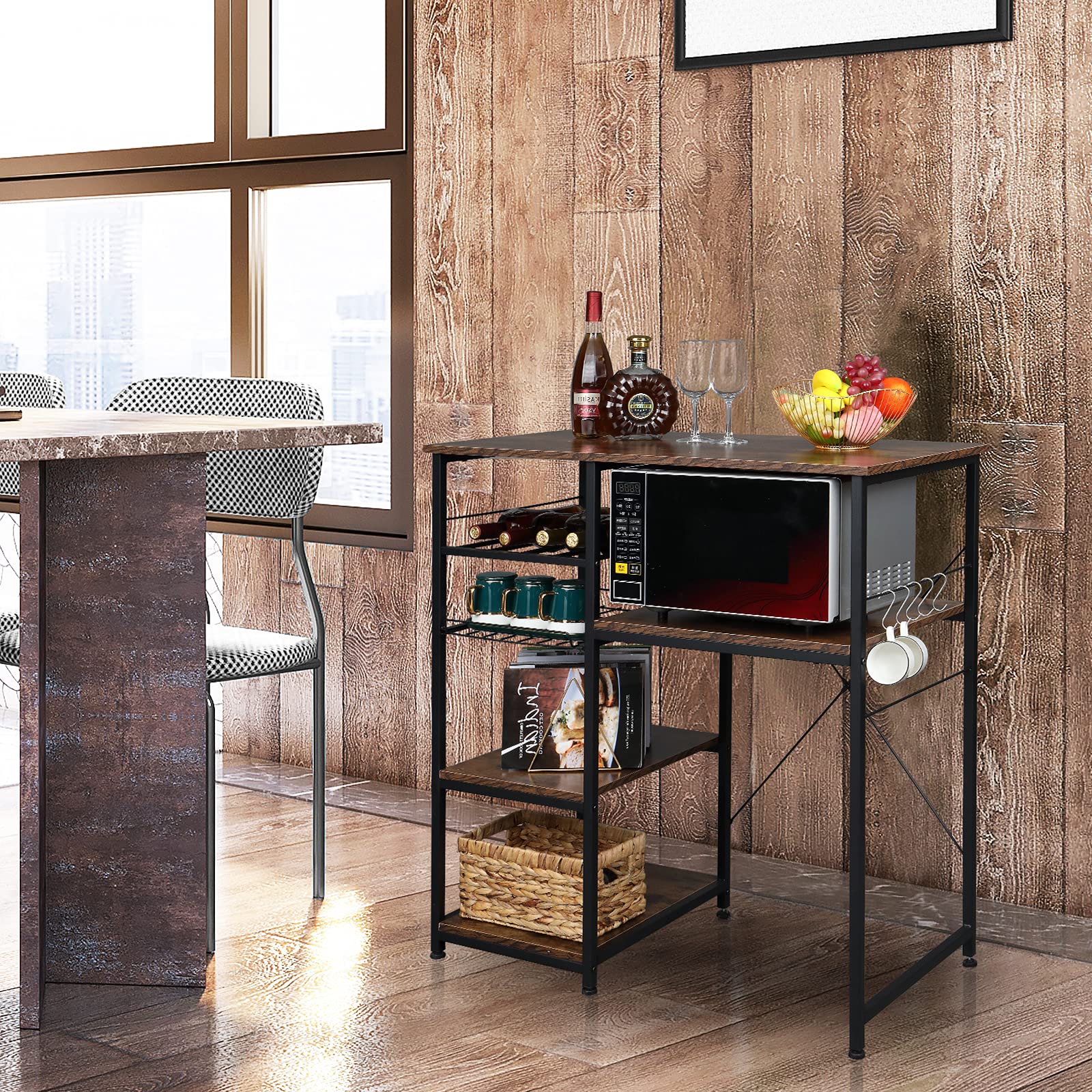 VINGLI Bakers Racks for Kitchens with Storage Mini Fridge Stand Bar Cabinet with Mini Fridge Space, Big Drawer, Wine Rack, Metal Frame Industrial Workstation Microwave Oven Stand 4-Tiers