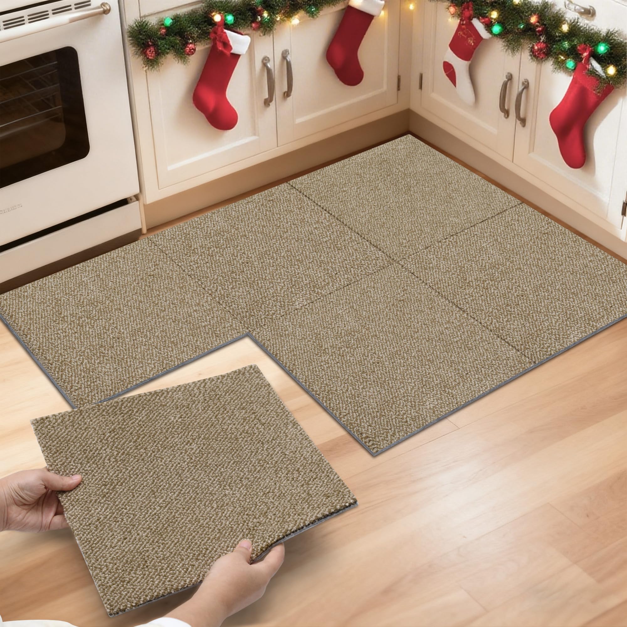 JSEI Kitchen Rugs Non Slip Machine Washable,Soft Kitchen Mats for Floor,6 Picecs Super Absorbent Kitchen Floor mat for Hallway,Office,Sink,Laundry,12"x12" Beige