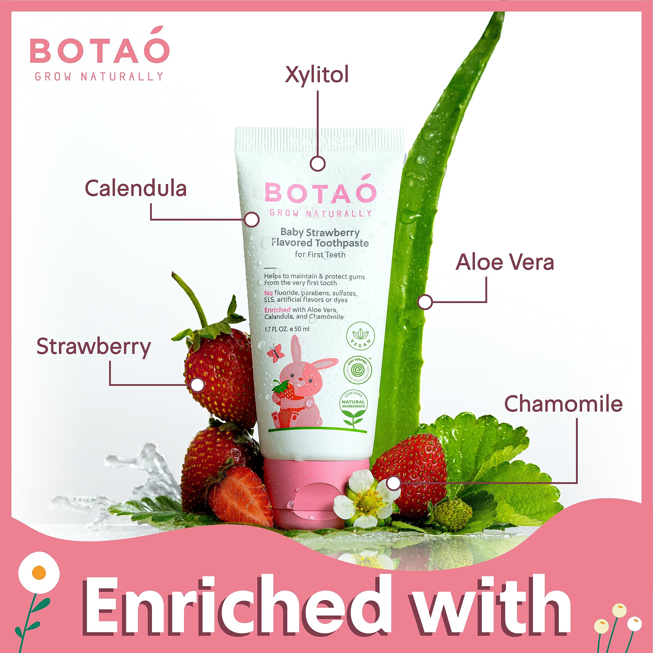 BOTAO Fluoride Free Baby Toothpaste | Strawberry Flavored - Organic Training Natural Toddler Toothpaste for Toddlers | EWG Verified, Vegan, SLS Free, Safe to Swallow, Aloe Vera -1.7Oz