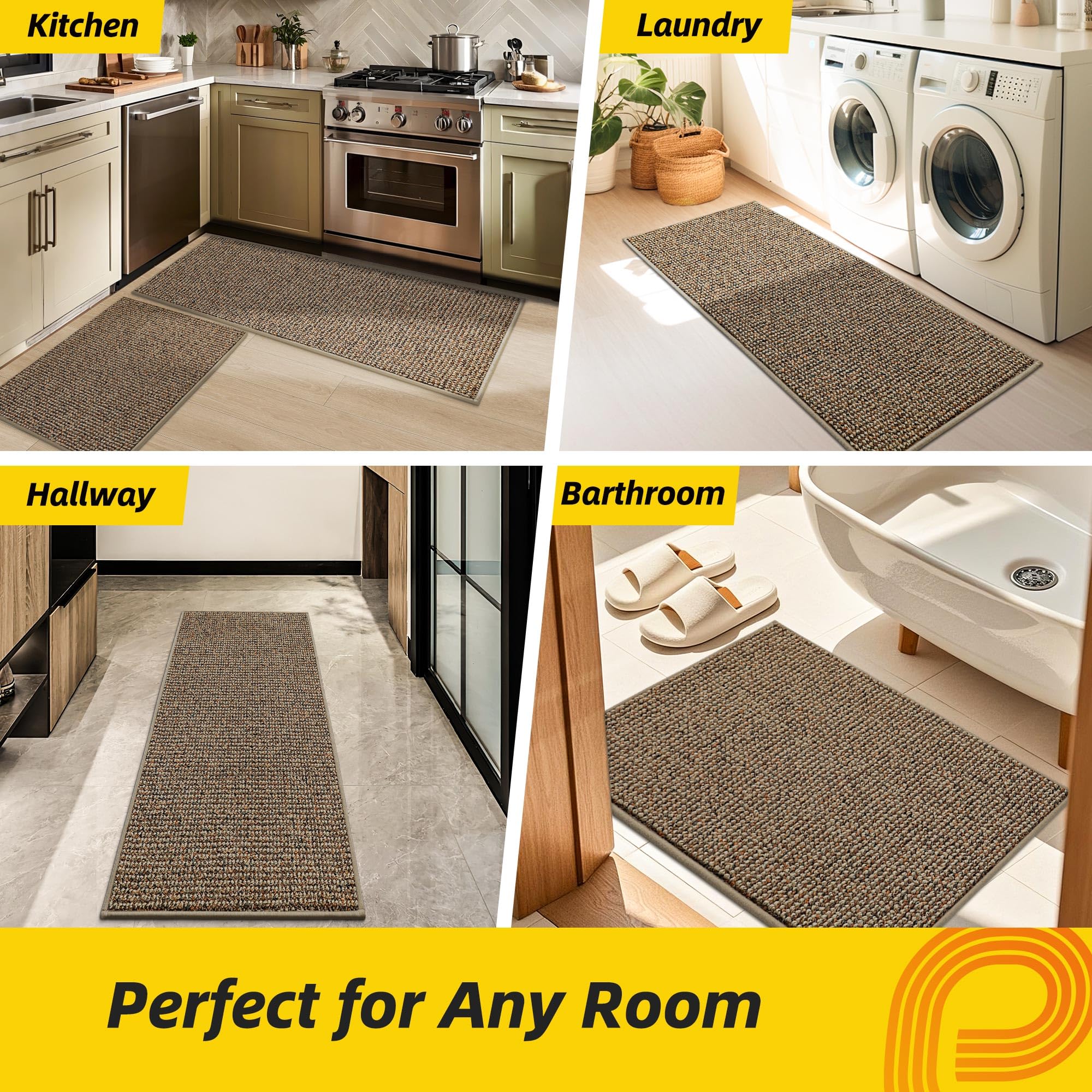 JSEI Kitchen Rugs, 2PCS Non-Slip Kitchen Mats for Floor, Machine Washable Absorbent and Stain Resistant Kitchen Runner, Carpet Mats with TPR Backing for Kitchen, 24”x36”+24”x60”, Beige