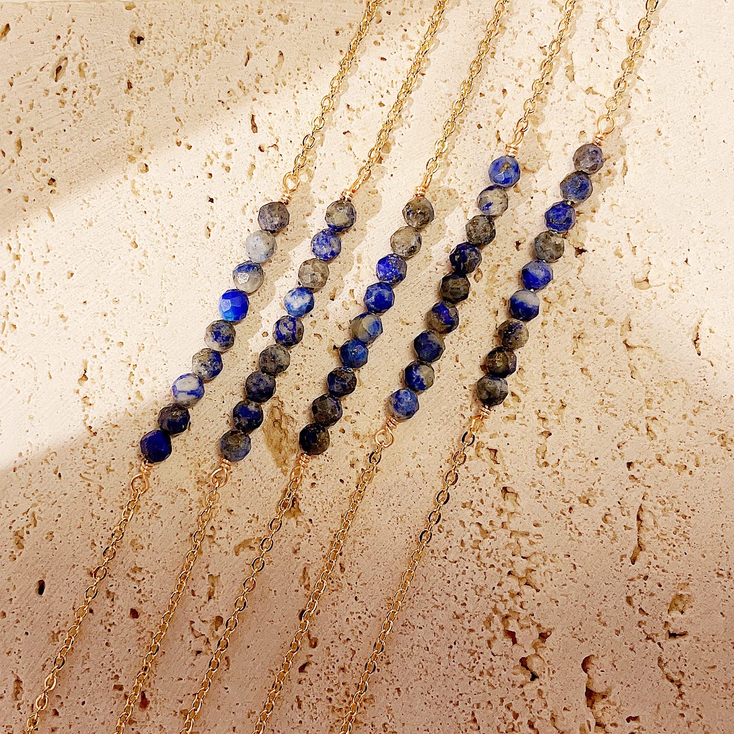 DeScount Dainty Beaded Lapis Bar Necklace,September Birthstone Necklace,18K Gold Plated Handmade Faceted Lapis Stone Beads Bar Boho Necklaces for Women