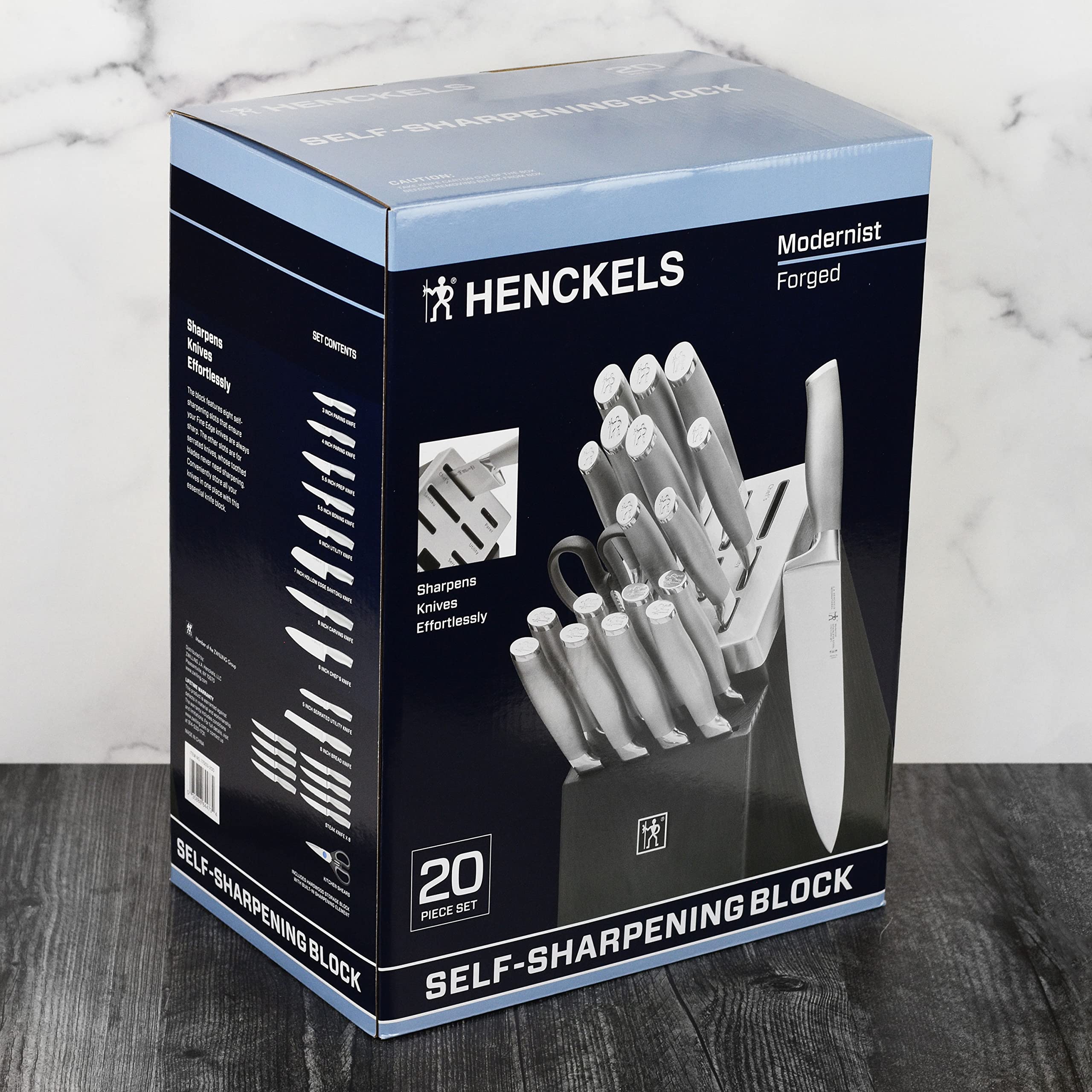 Henckels Forged Modernist 20 Piece Self Sharpening Knife Set with Stainless Steel Handles & Black Knife Block