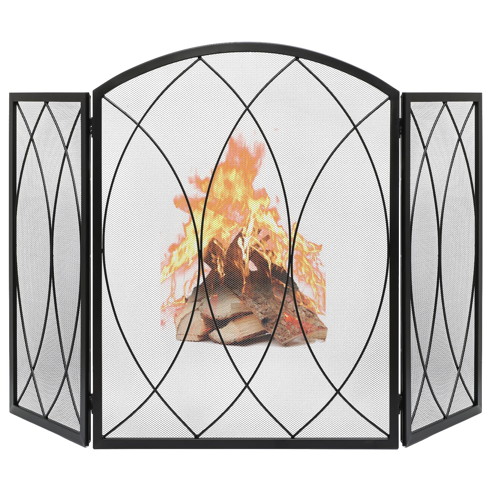 FEED GARDEN 3 Panel Fireplace Screen 48" W x 29.5" H Modern Foldable with Wrought Metal Decorative Mesh,Arch Heavy Duty Fire Spark Guard Cover for Home Decor Indoor, Black