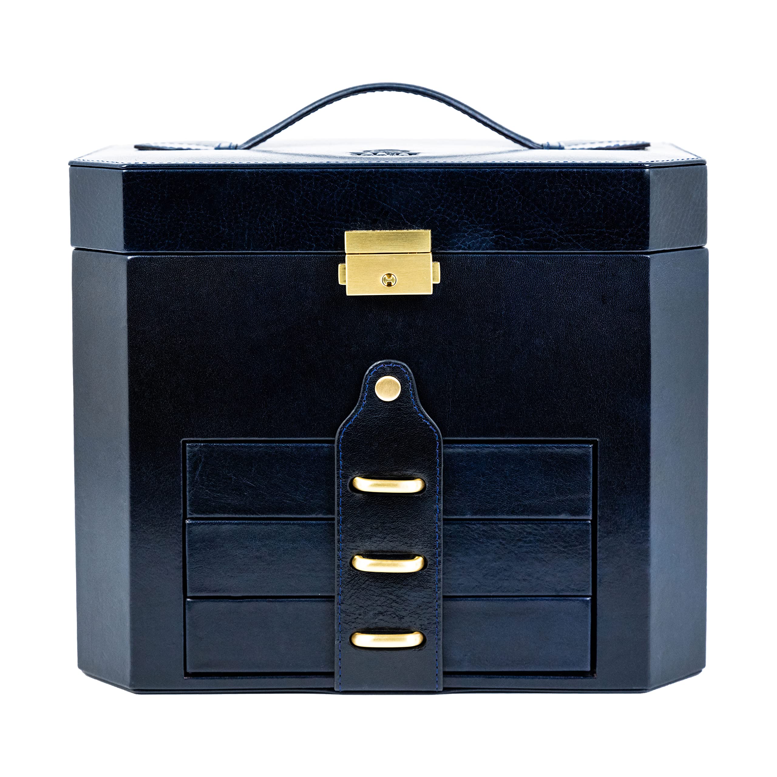 Time Resistance Leather Jewelry Box | Full Grain Leather Jewellery Organizer | Navy Blue Accessories Storage Key Lock Box for Women (Blue)