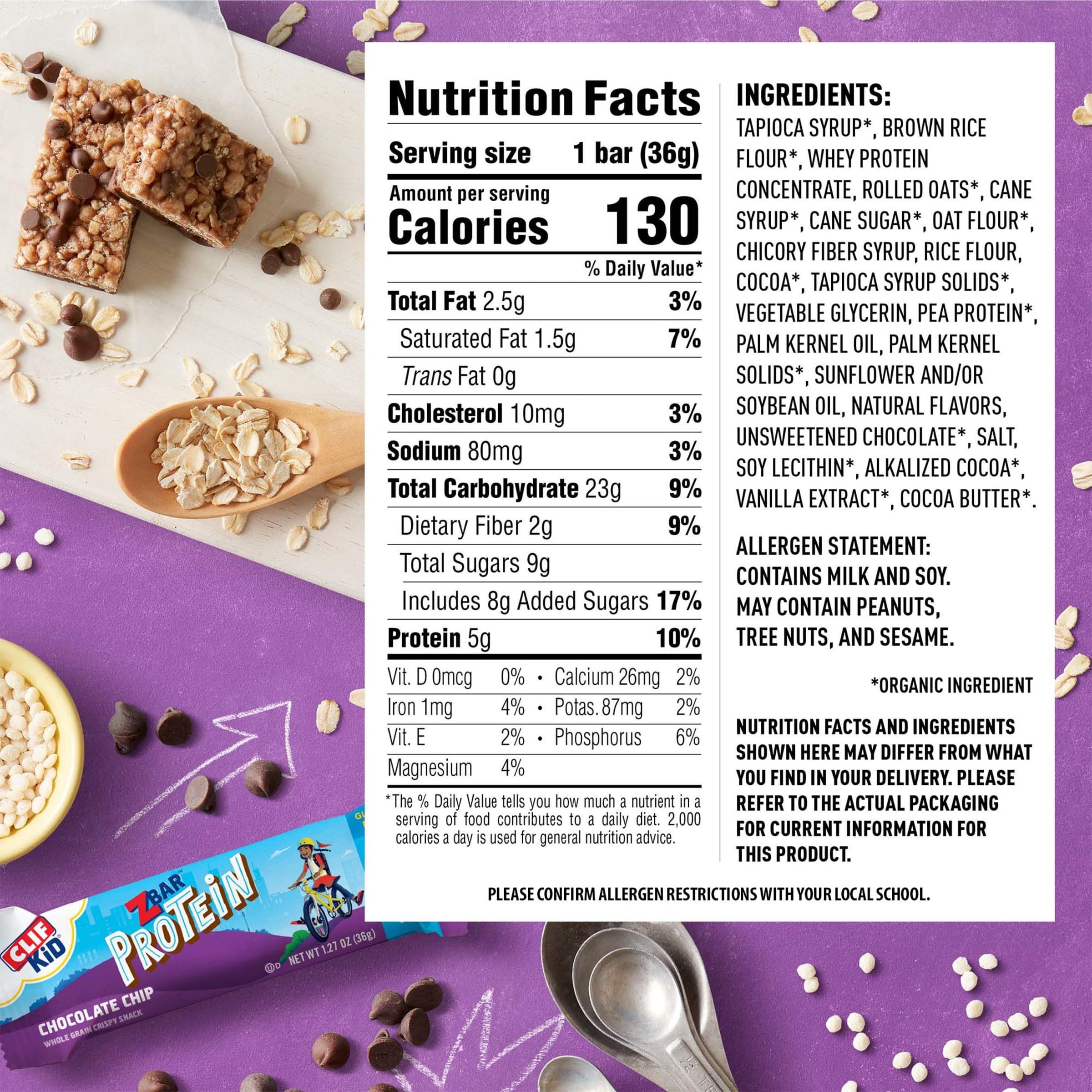 CLIF Kid Zbar Protein - Chocolate Chip - Crispy Whole Grain Snack Bars - Made with Organic Oats - Non-GMO - 5g Protein - 1.27 oz. (5 Pack)