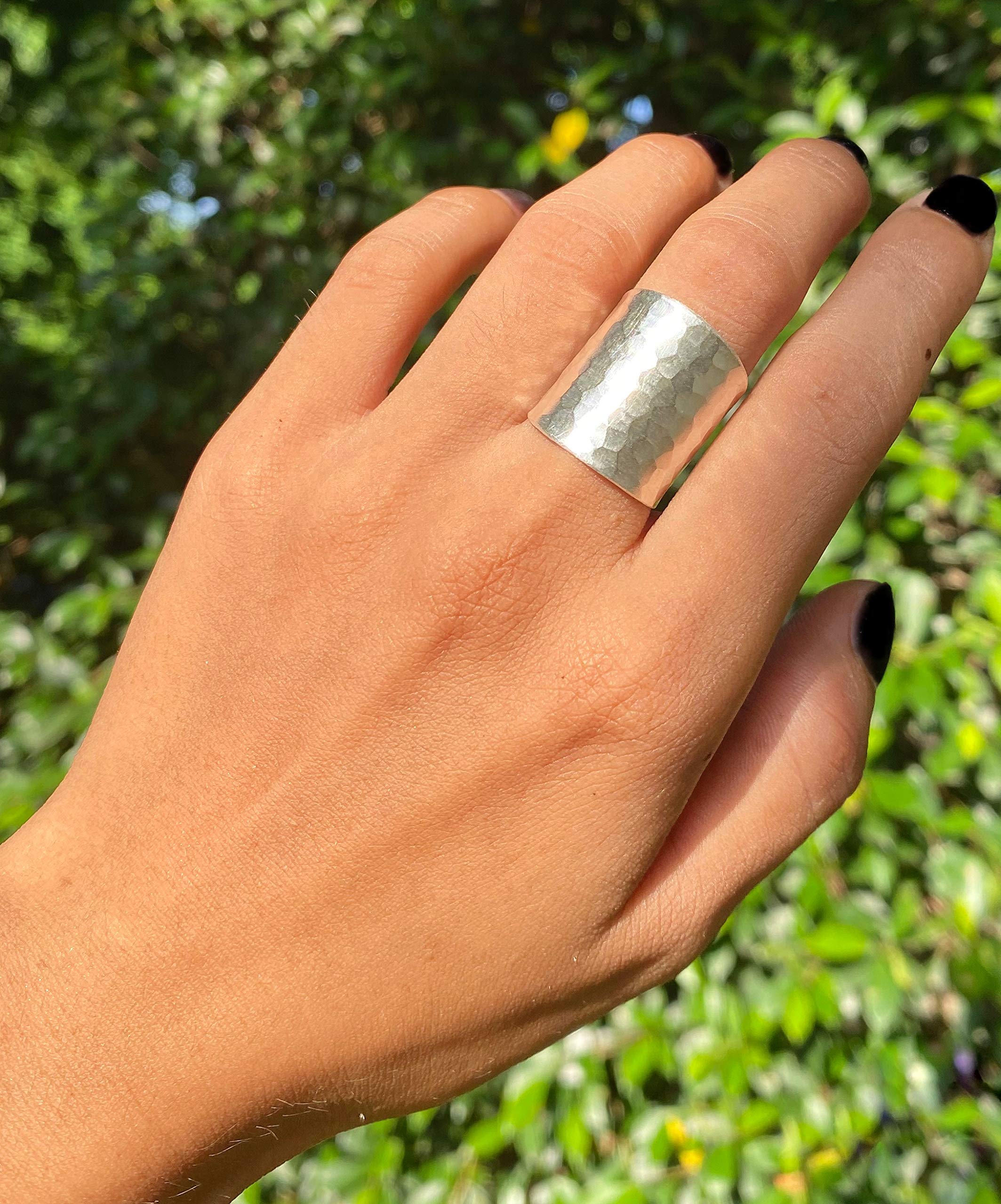 Hammered Sterling Silver Handmade Classic Wide Band Boho Statement Ring, Shiny Finish Wrap Band Adjustable to Sizes 6-12, Also as Thumb Ring, Gift for Her