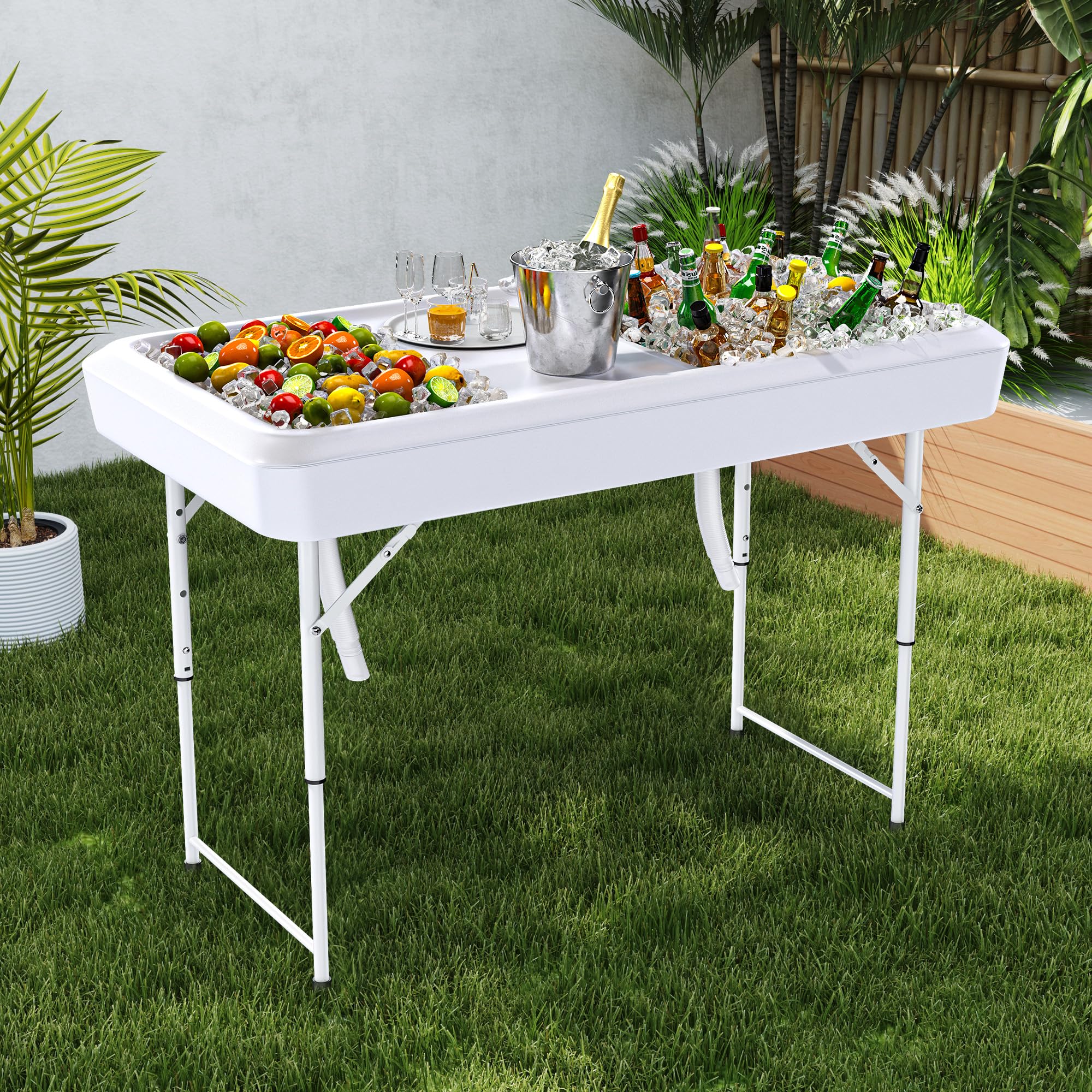 YITAHOME Ice Table, 4FT Folding Ice Cooler Table with Drain and Detachable Skirt, Portable Ice Tables for Parties BBQ Camping Picnic, White